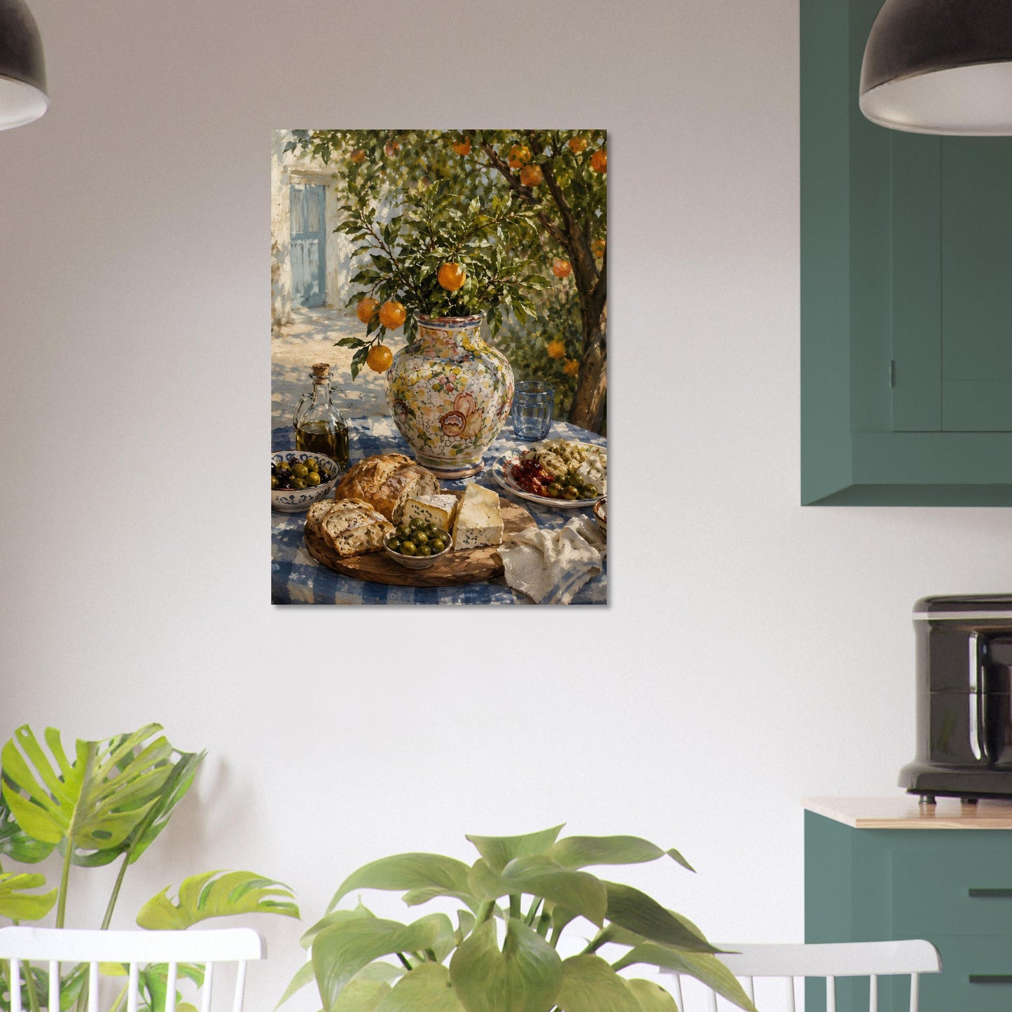 Citrus oil painting wall art displayed in contemporary kitchen with warm neutral decor