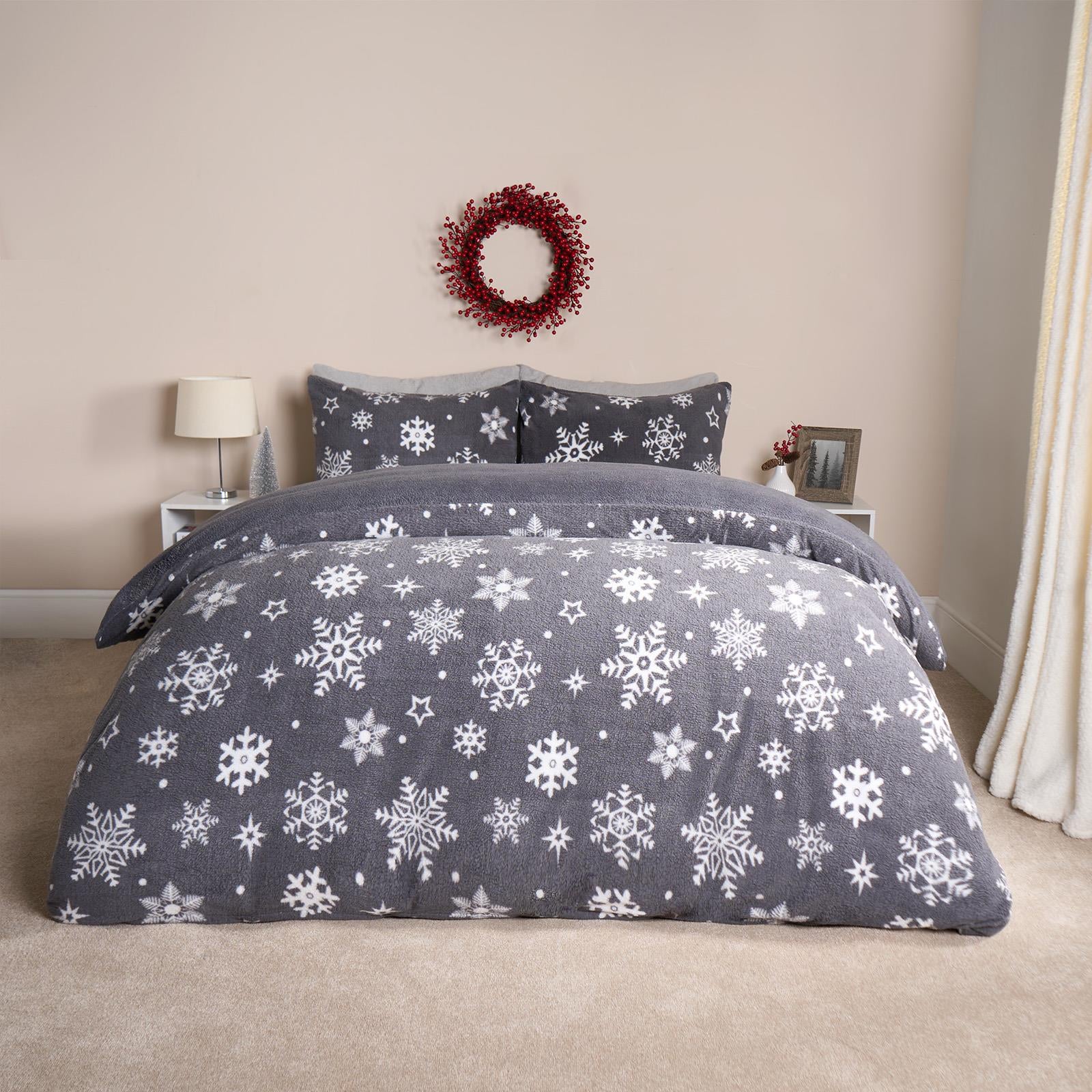 Snowflake Teddy Fleece Duvet Cover Bedding Set Winter Christmas Quilt Bed Soft