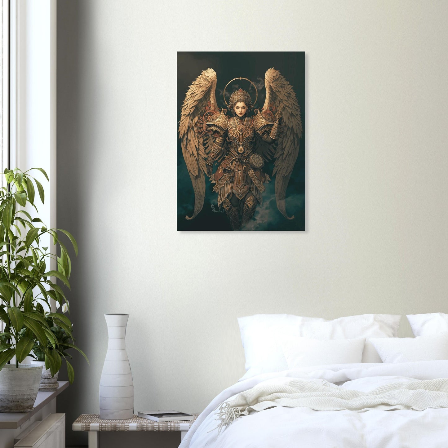 Decorative angel artwork on a wall above a bed in a bedroom.
