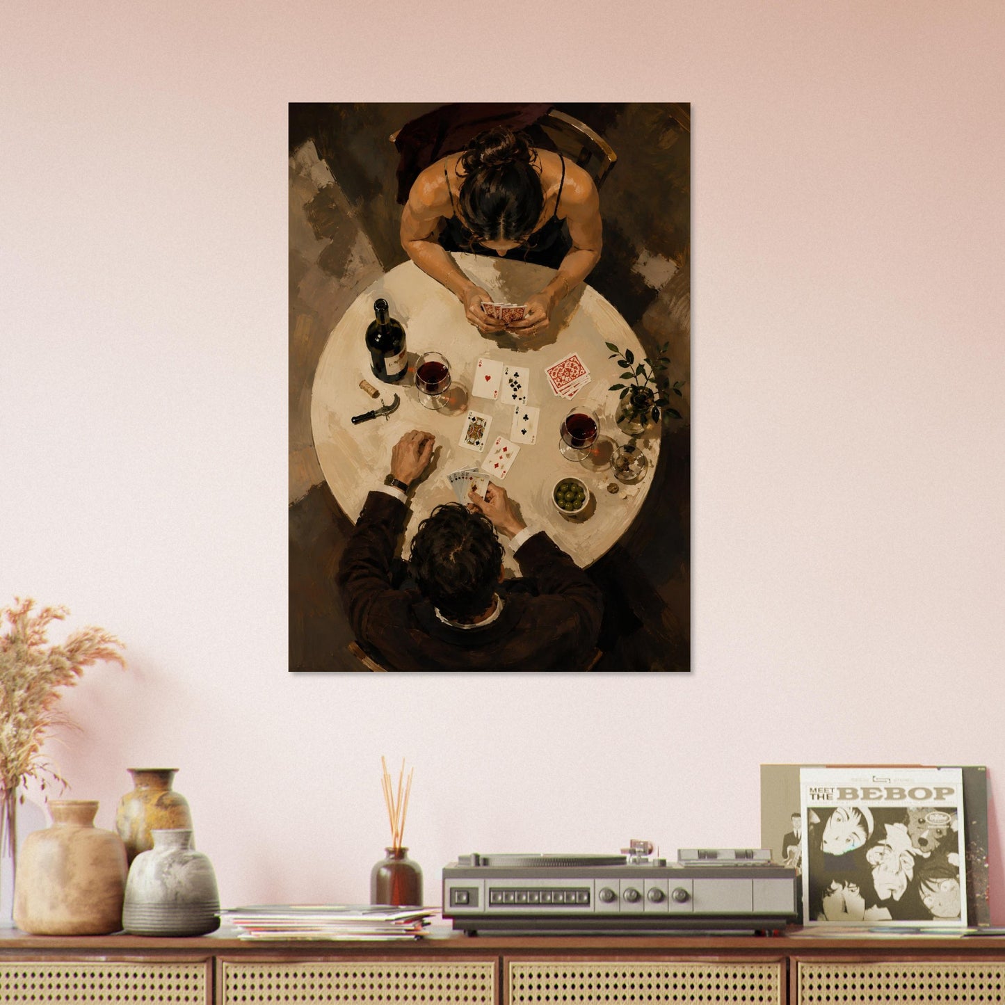 After Dinner wine and card game art print styled above a console in a warm blush neutral interior