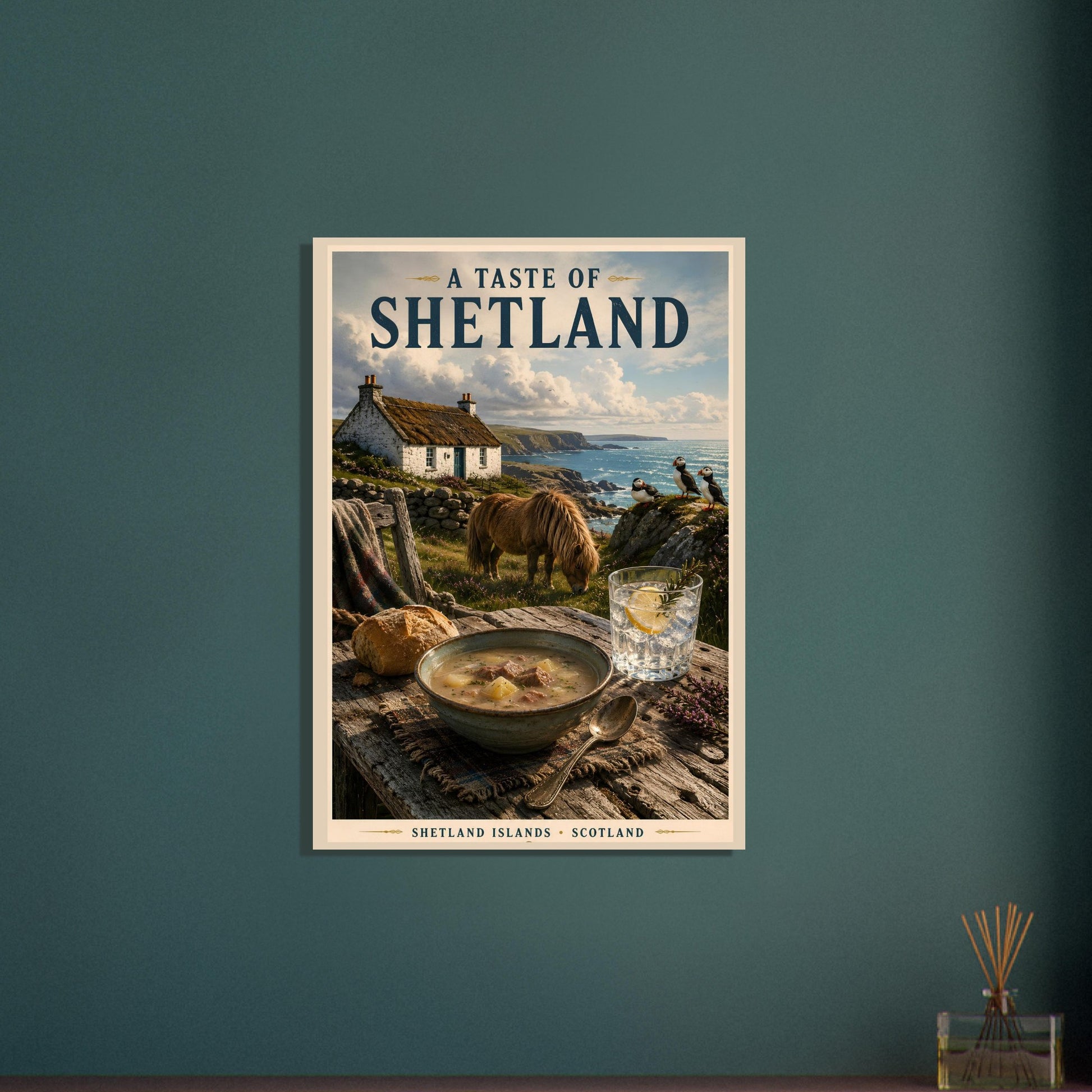 A Taste of Shetland wall art displayed on a deep teal feature wall in a modern living space