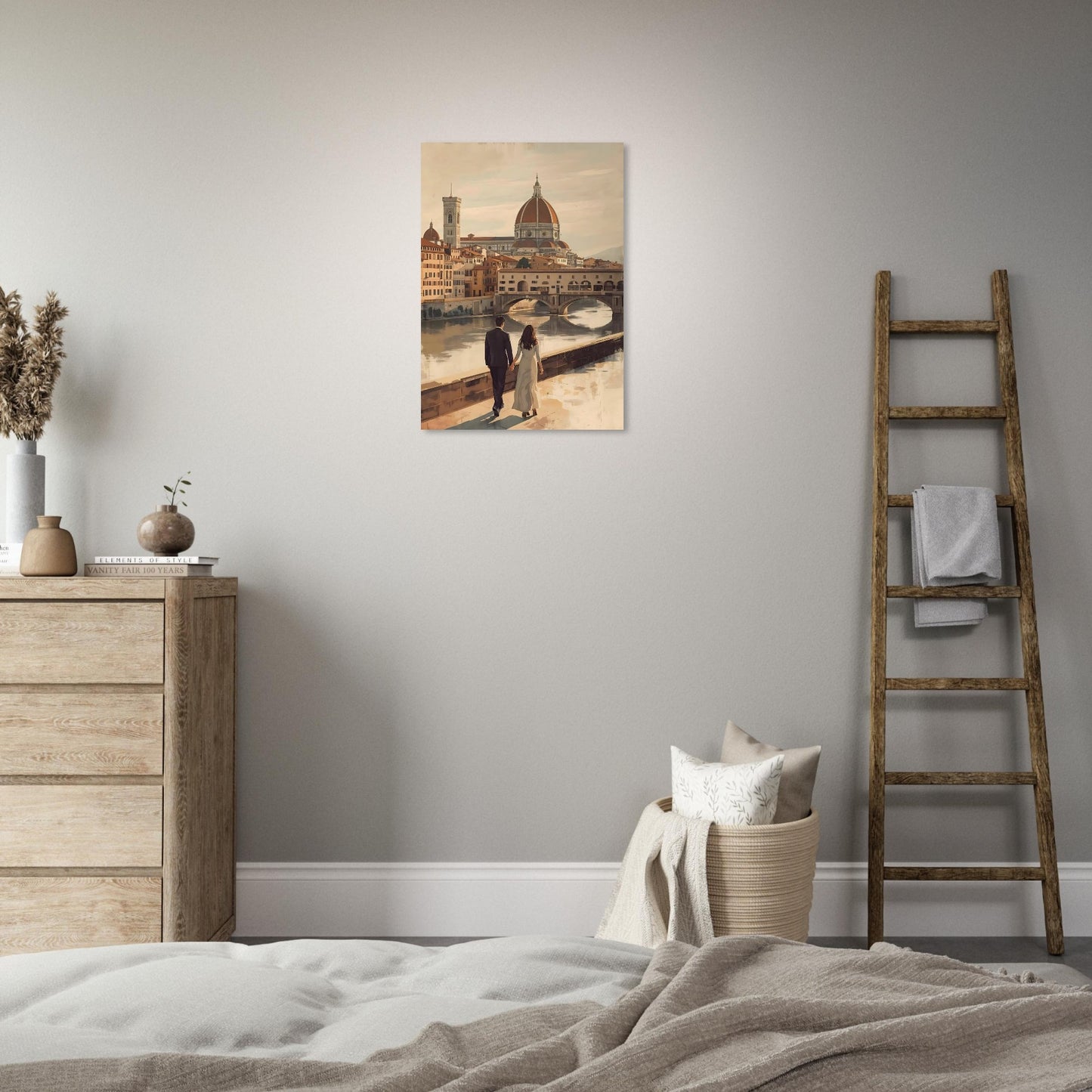 Romantic Florence wall art featuring a couple by the Arno River with the Duomo and Ponte Vecchio in warm vintage tones. Elegant Italian city decor.