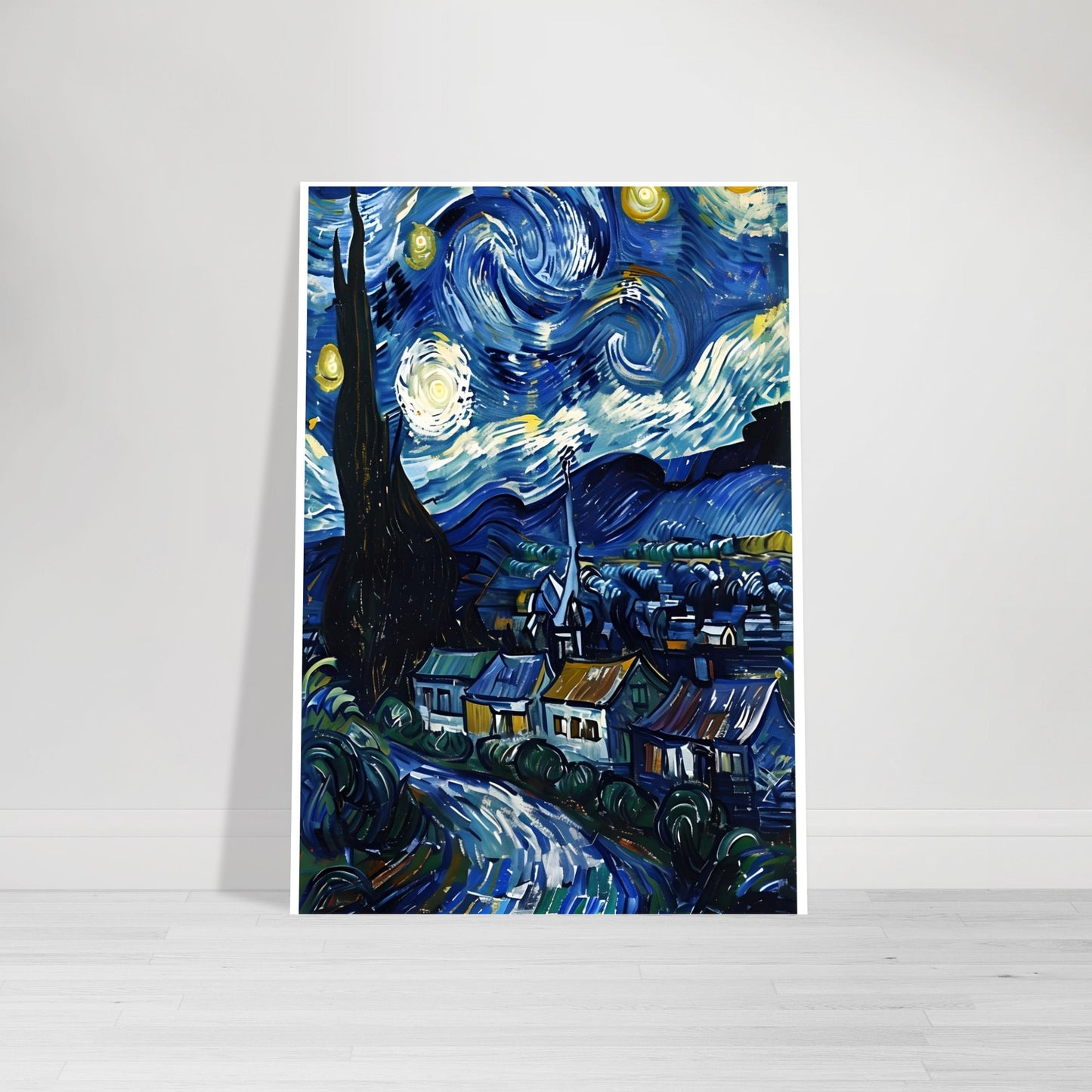 Framed artwork of a stylized version of 'Starry Night' on a white background
