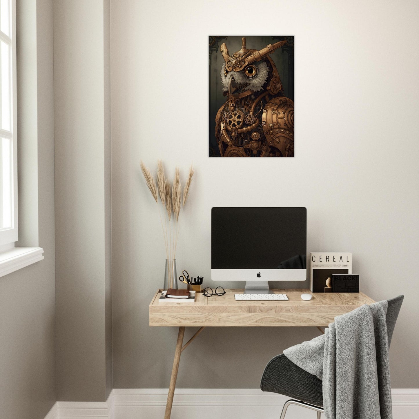 Modern office setup with a desk, computer, and decorative owl painting on the wall.