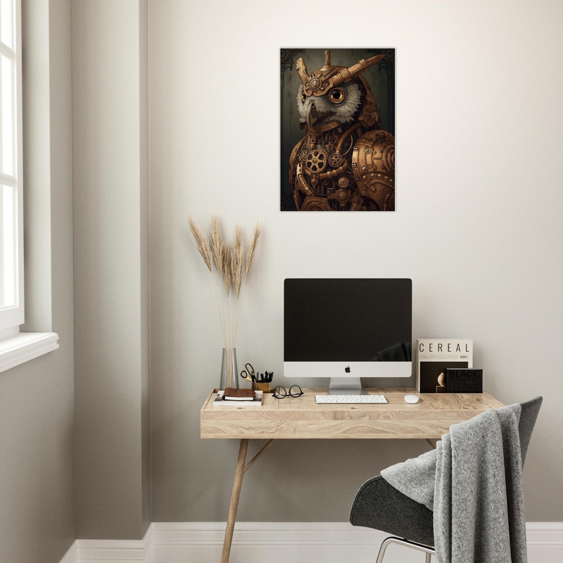 Modern office setup with a desk, computer, and decorative owl painting on the wall.