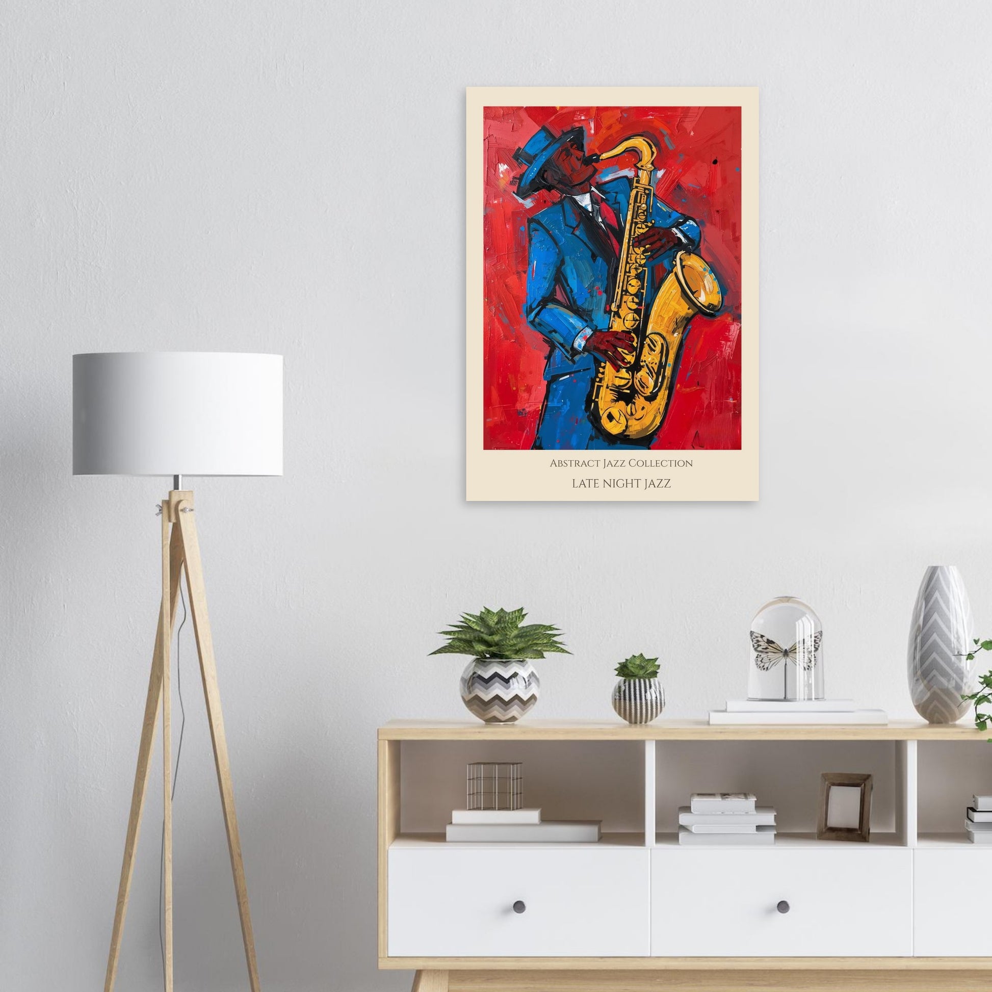 Abstract jazz saxophone poster styled in minimalist living room setting
