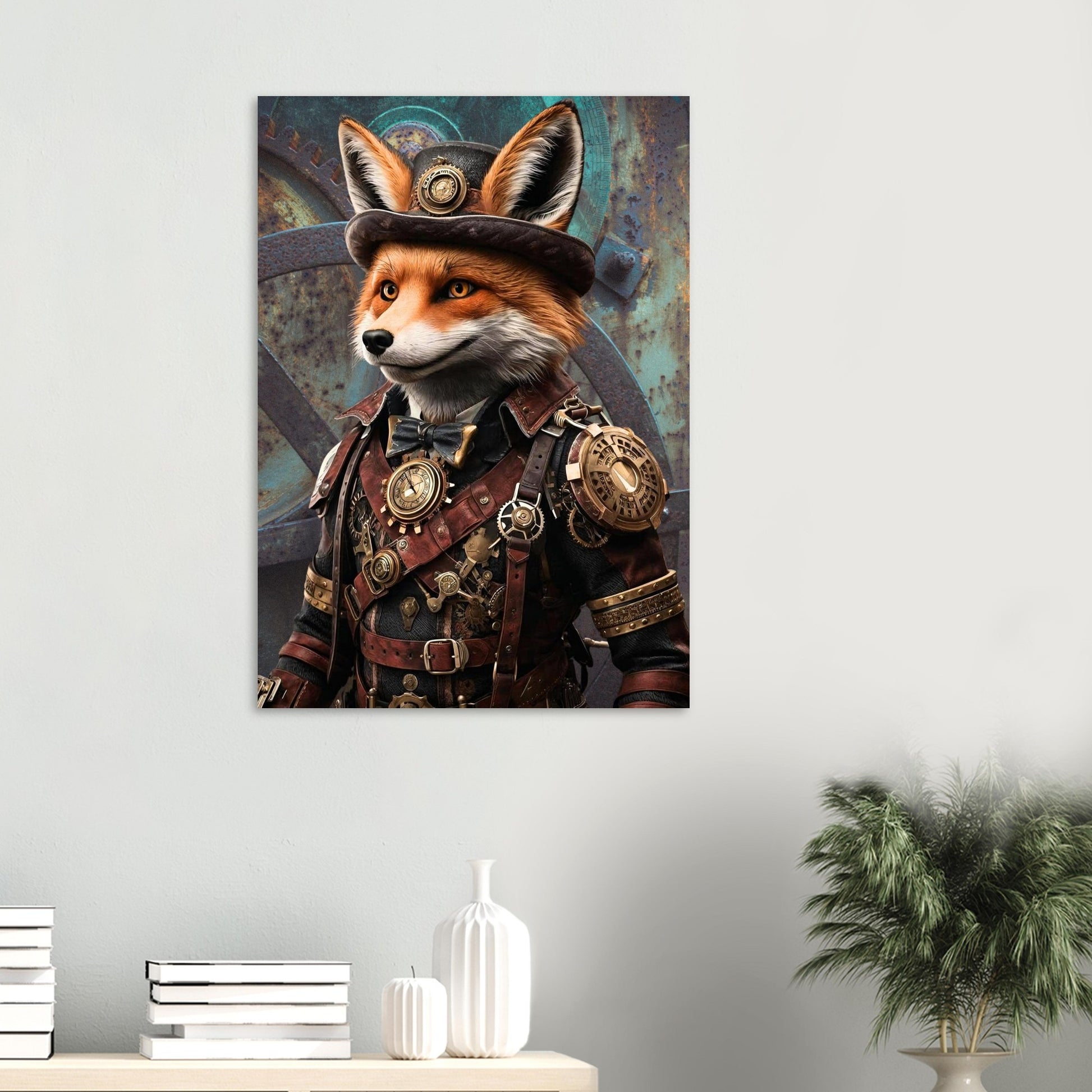 Steampunk fox character in a room with decor elements