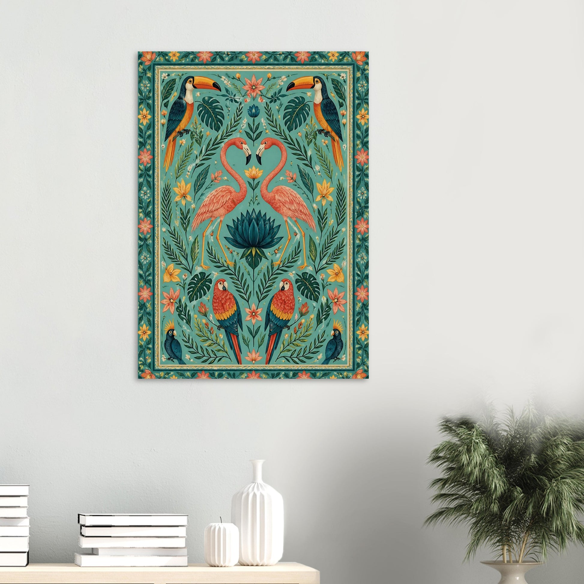 Decorative wall art with flamingos, parrots, and floral patterns on a teal background.