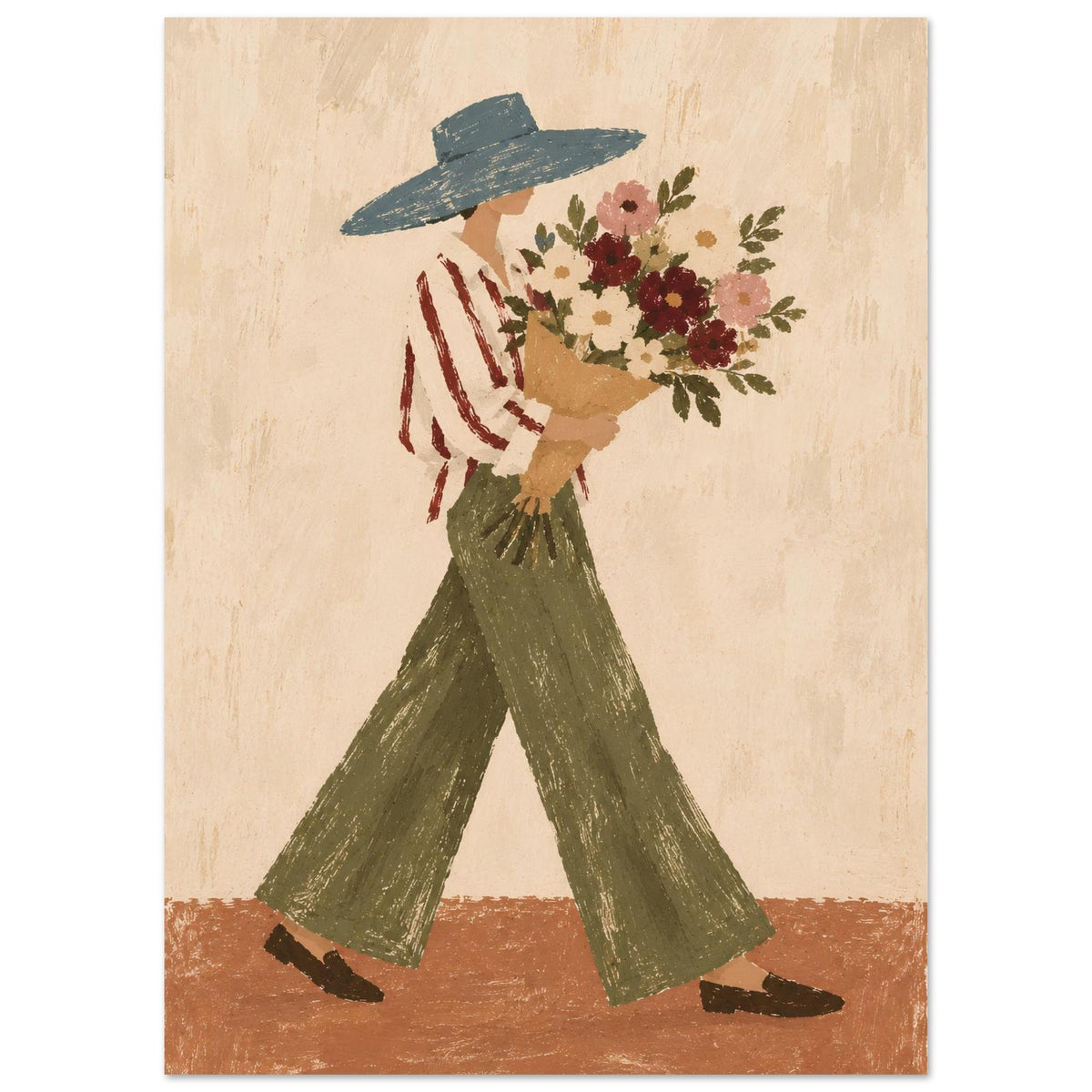 A folk-art style illustration of a person walking forward while holding a large bouquet of flowers. The figure wears a wide-brim blue hat, a red-and-white vertically striped shirt, and olive green pants, set against a textured beige background with a brown ground.