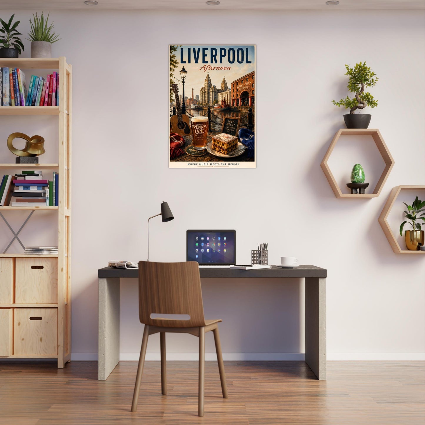 Liverpool Afternoon artwork displayed above a desk in a home office, combining music heritage, local culture and historic architecture.