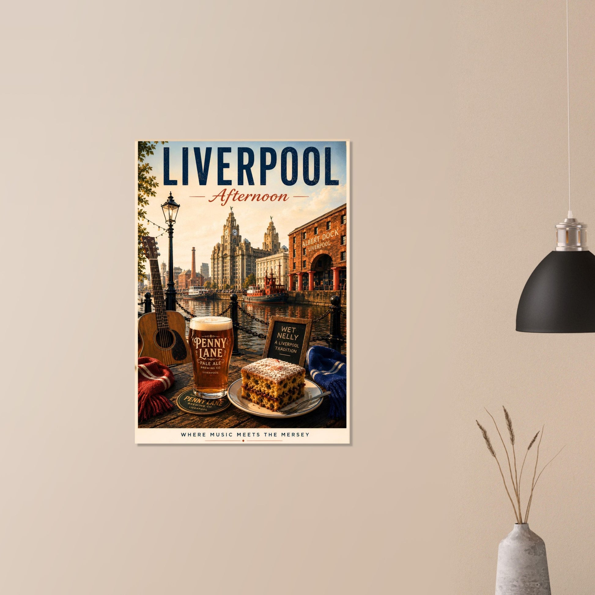 Liverpool Afternoon wall print displayed on a neutral beige wall, capturing the atmosphere of Liverpool's famous waterfront district.