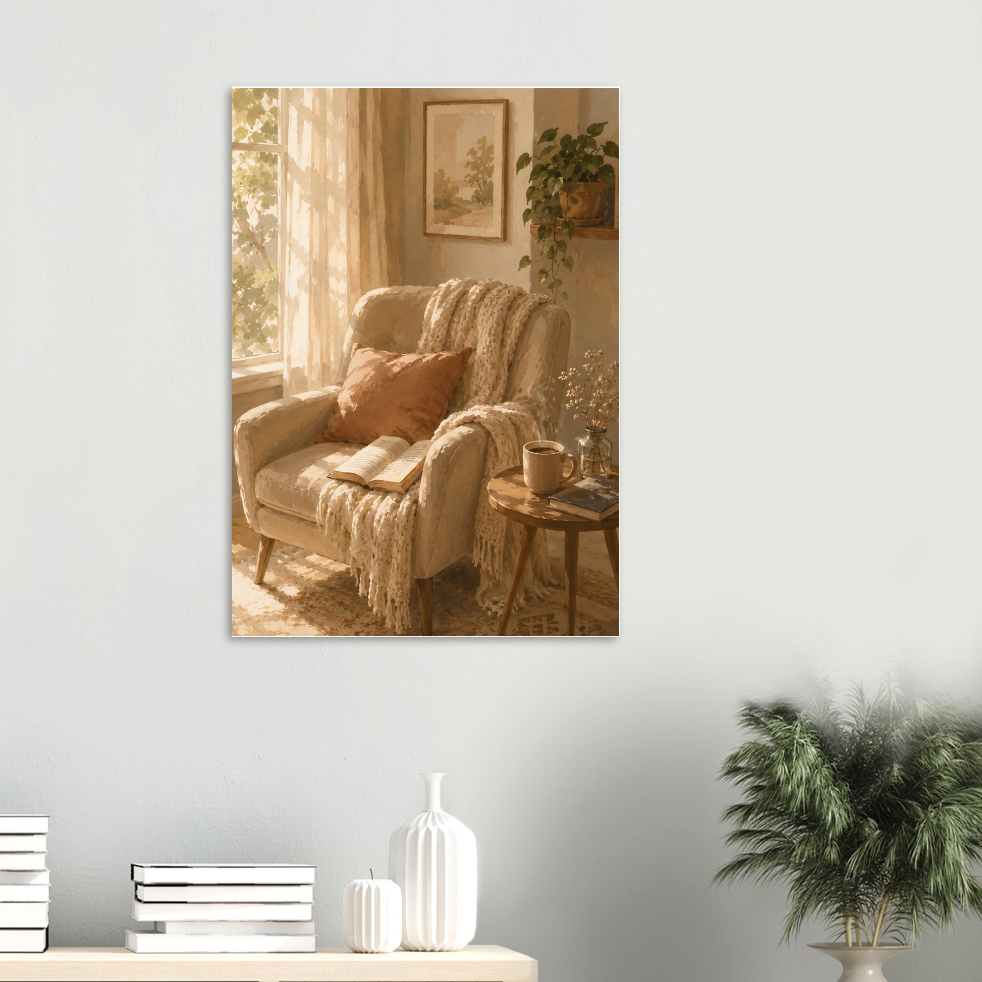 Neutral reading nook watercolor print displayed in modern Scandinavian-inspired home setting