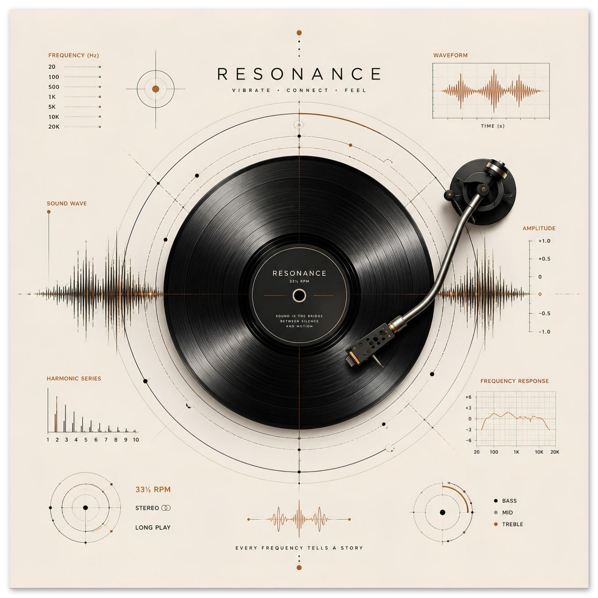 Close-up of the Resonance minimalist vinyl record poster featuring a tonearm, geometric construction lines and copper-accented sound diagrams.