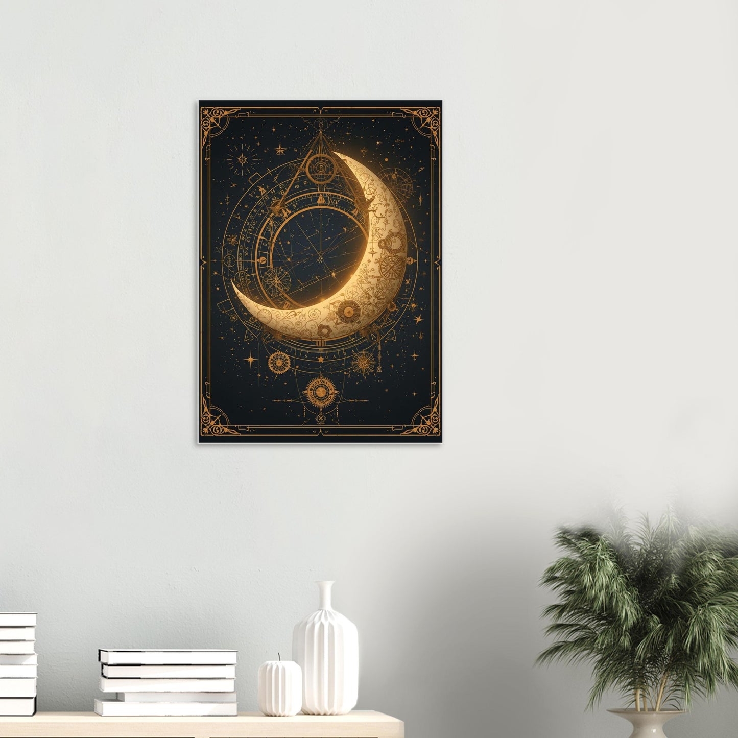 Steampunk Crescent Moon Wall Art – Clockwork Celestial Poster with Antique Gold Detailing