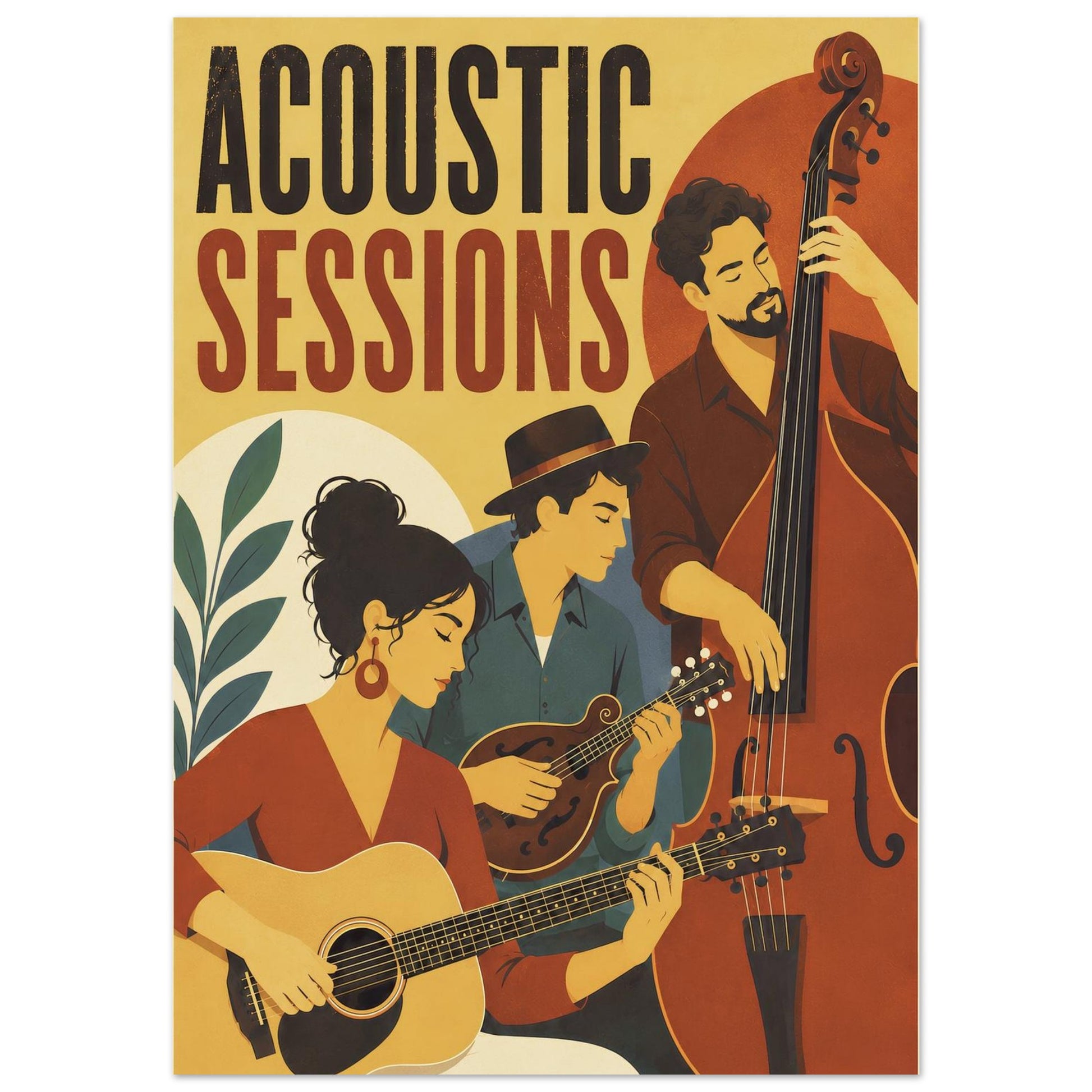 Close-up of the Acoustic Sessions wall art featuring three stylised musicians playing acoustic guitar, mandolin and upright double bass.