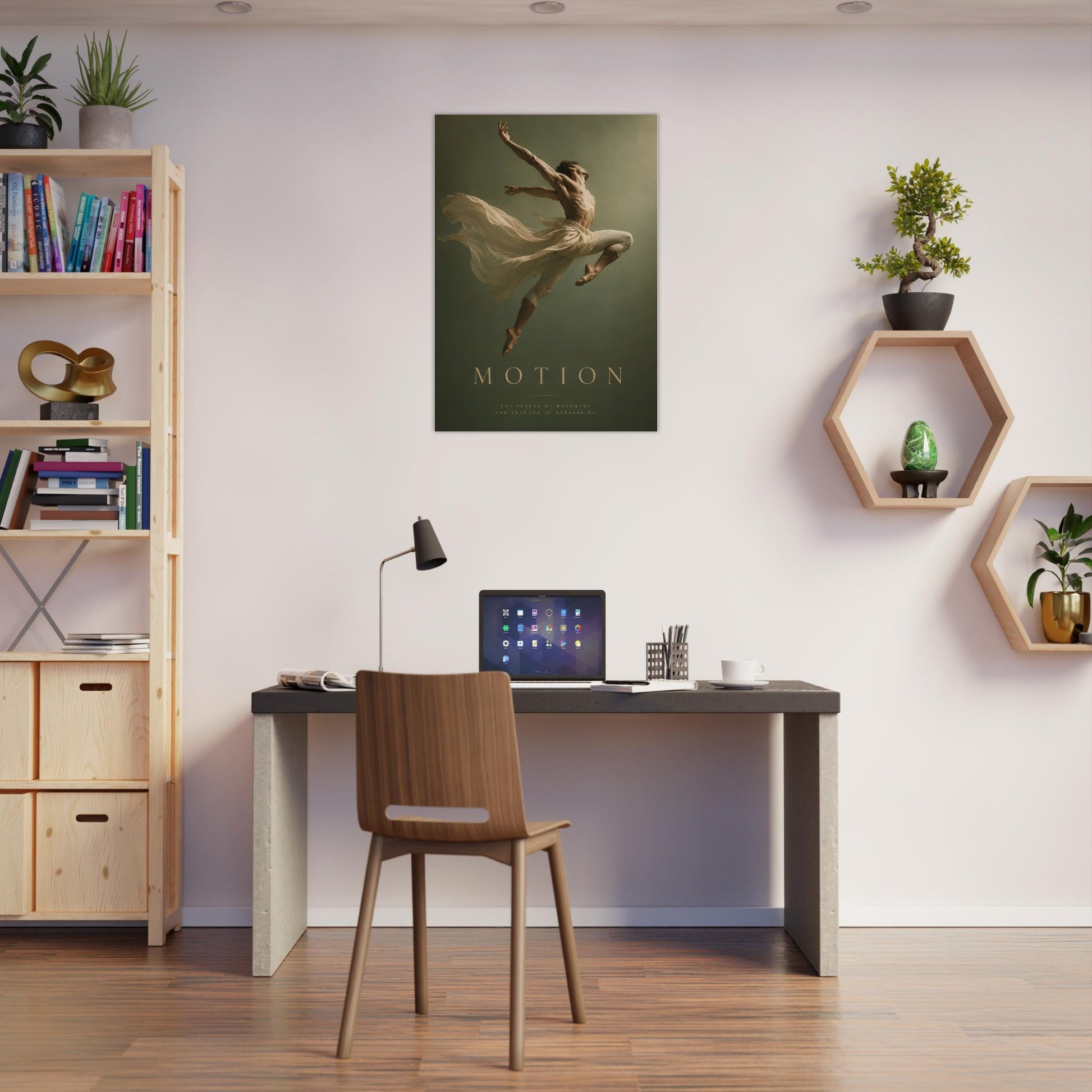 Motion contemporary dancer wall art displayed in a bright modern workspace with elegant wooden furniture.