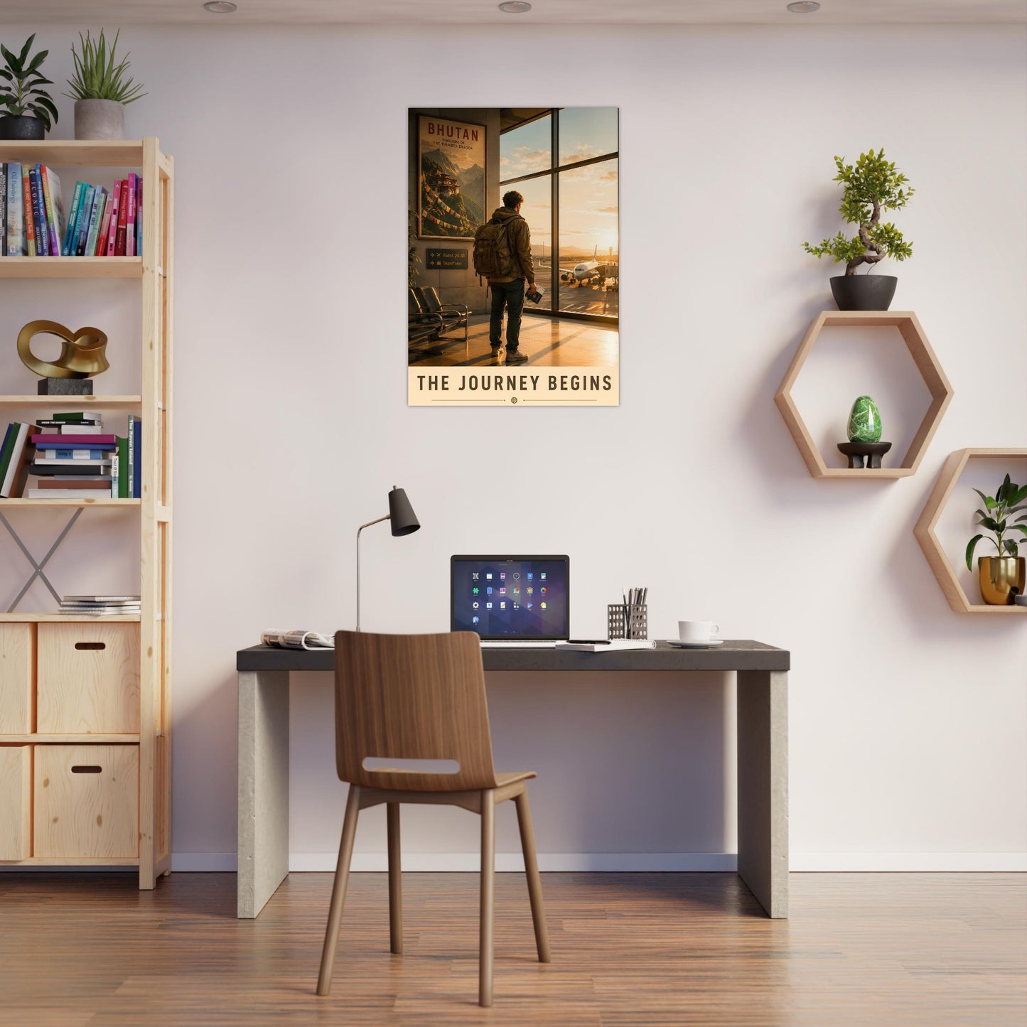 The Journey Begins wanderlust poster styled in a creative study space with bookshelves and contemporary furnishings.