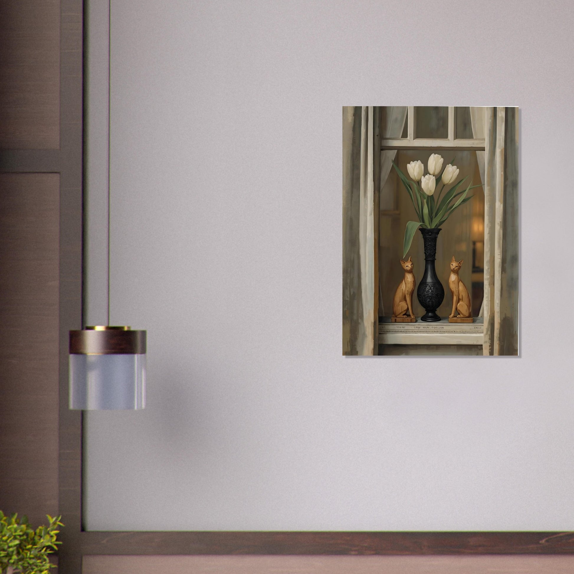 Scandinavian tulip and cat still life poster displayed in warm modern living room