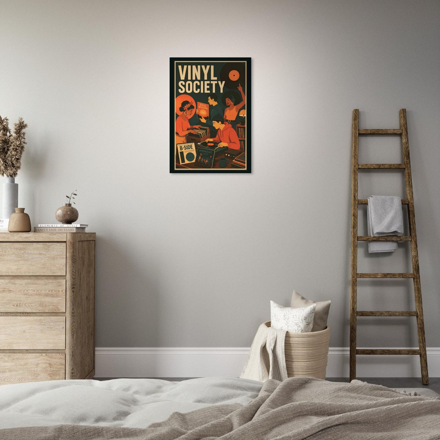 Vinyl Society wall art displayed above a cream armchair in a bright minimalist living space.