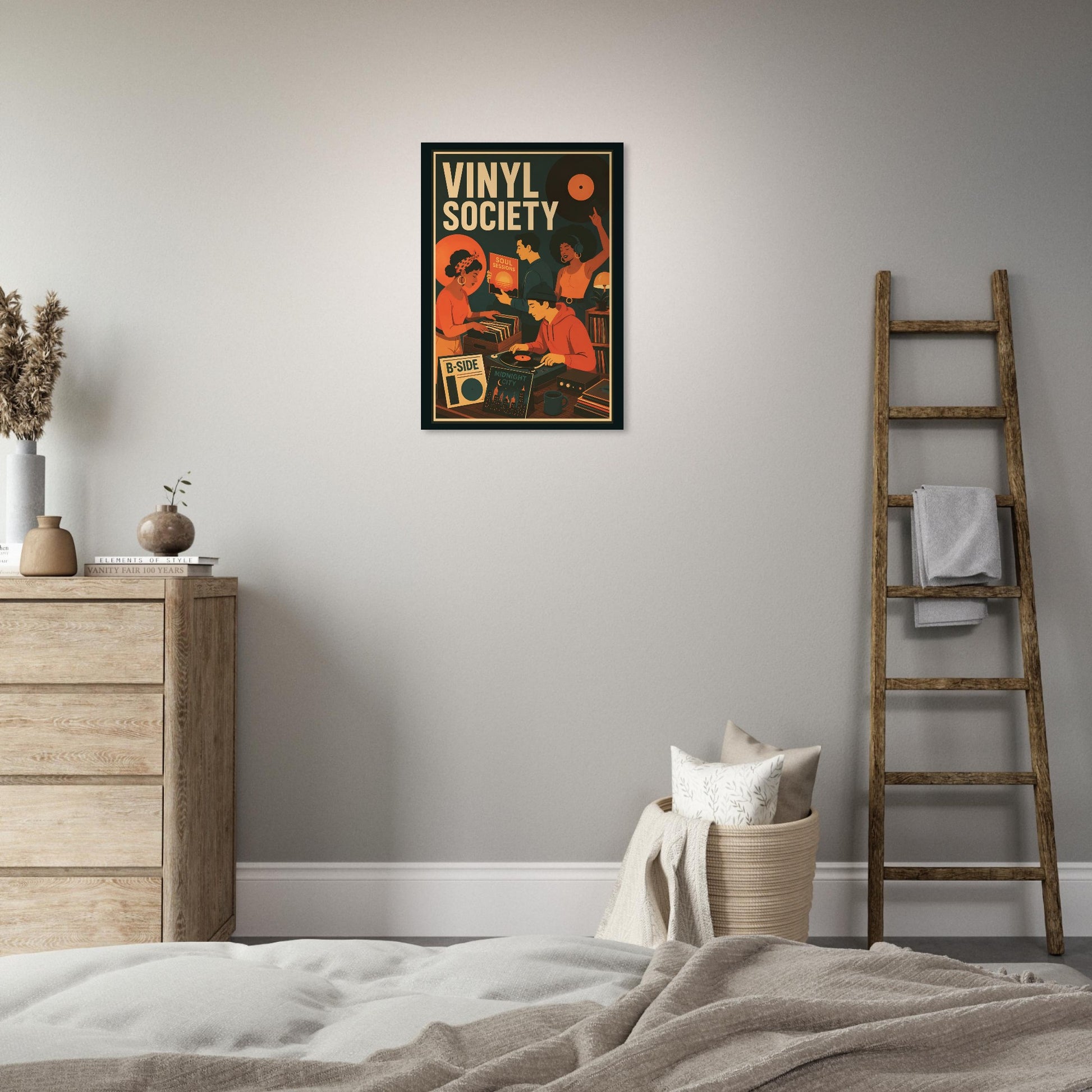 Vinyl Society wall art displayed above a cream armchair in a bright minimalist living space.