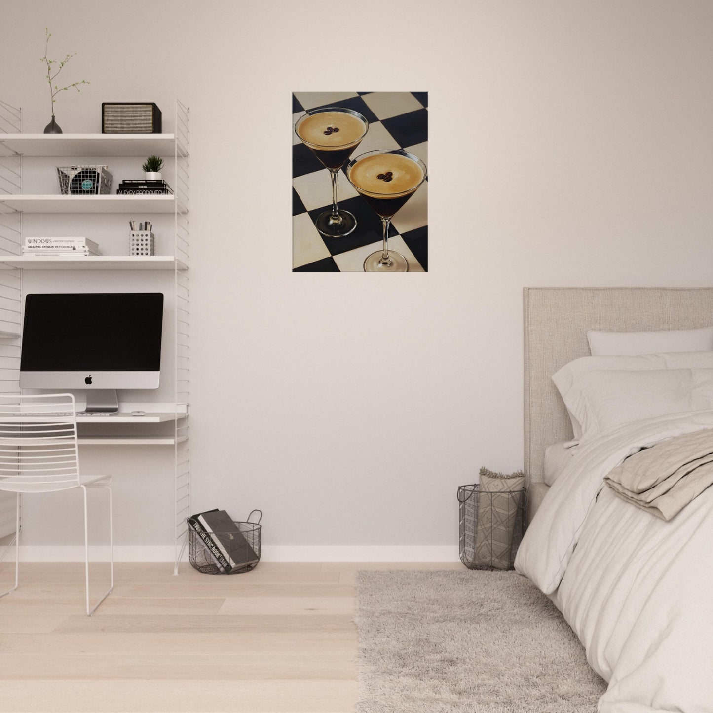 Modern cocktail canvas displayed in a minimalist bedroom with neutral décor and natural textures.