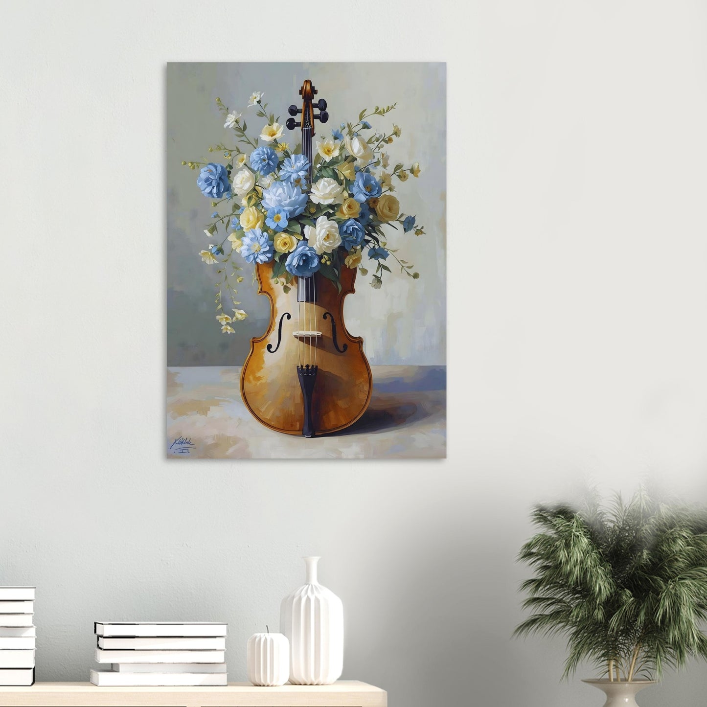Painting of a violin with flowers on a gray wall