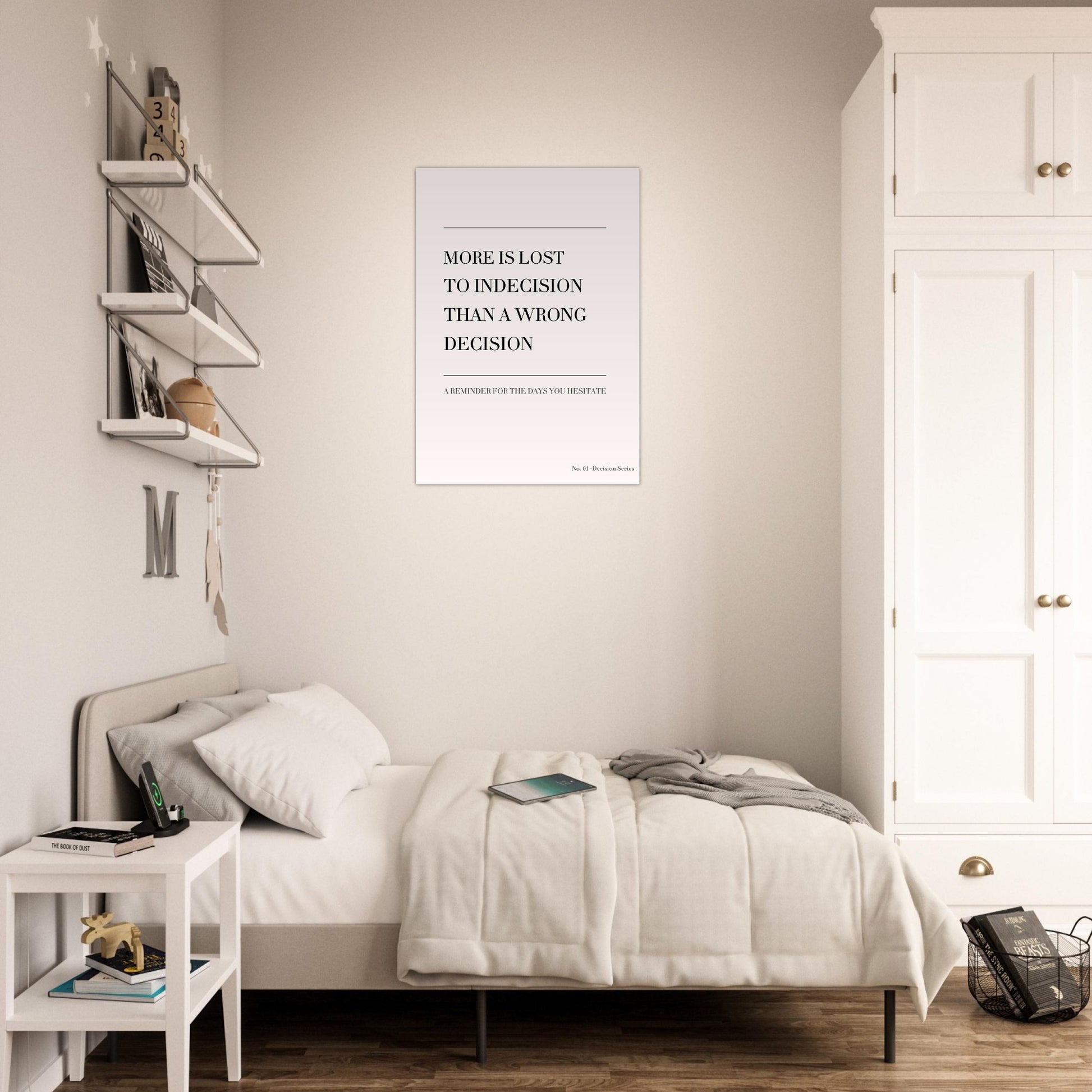Minimalist wall art quote poster styled in cosy bedroom interior with neutral decor