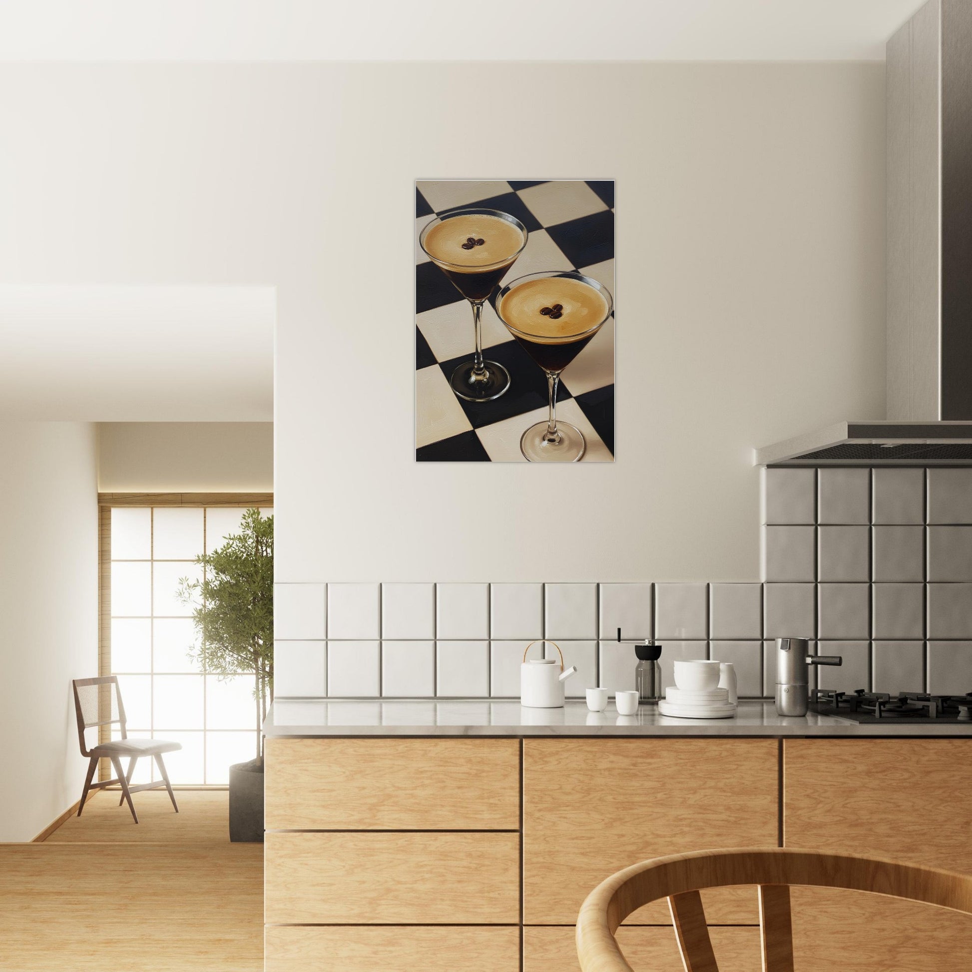 Espresso martini checkerboard poster displayed in bright contemporary kitchen with minimalist decor