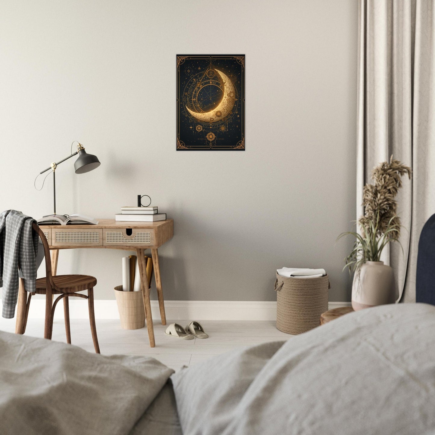 Room interior with a desk, lamp, and decorative wall art of a crescent moon.