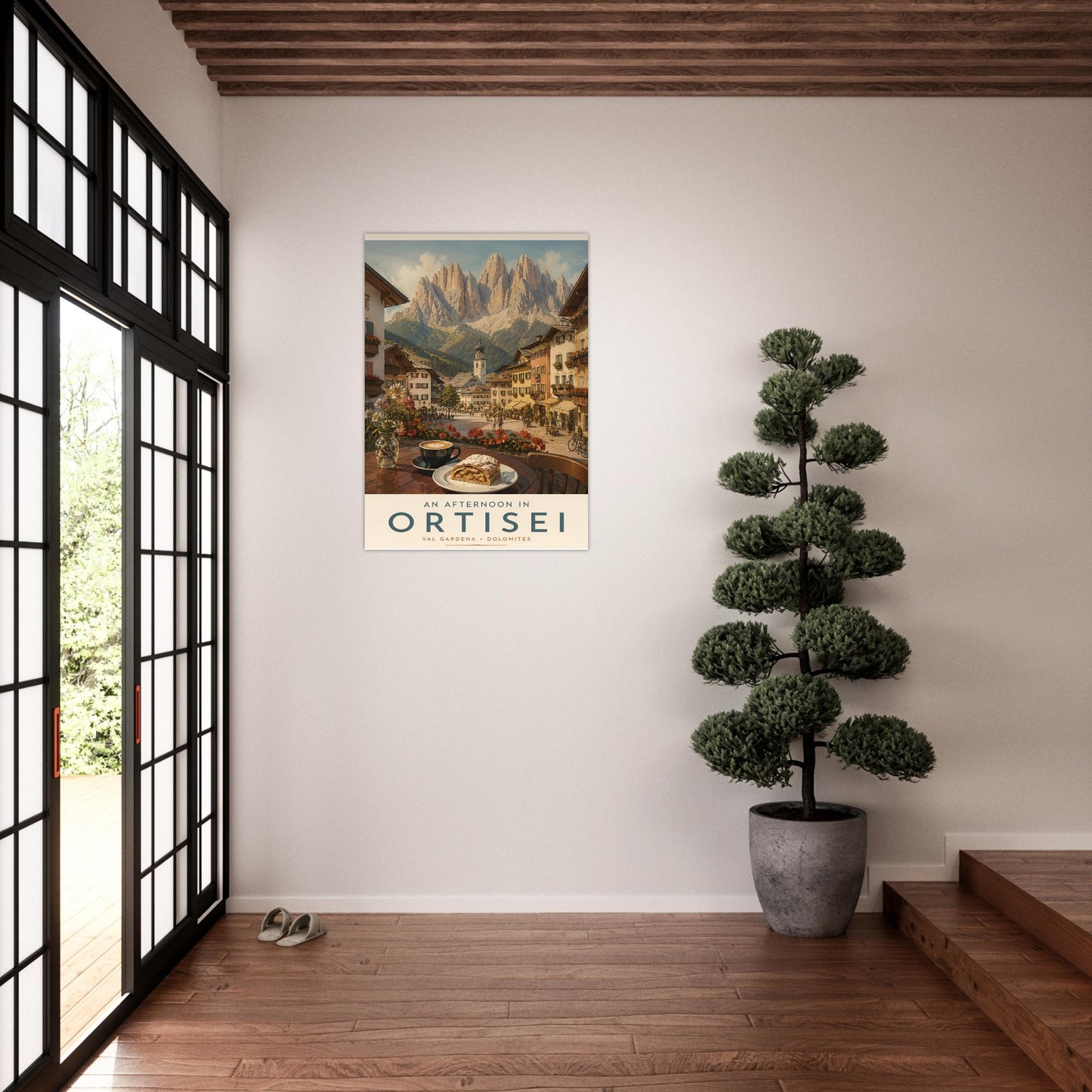 Ortisei travel poster hanging in a contemporary hallway, capturing the beauty of the Italian Alps with colourful village buildings and towering peaks