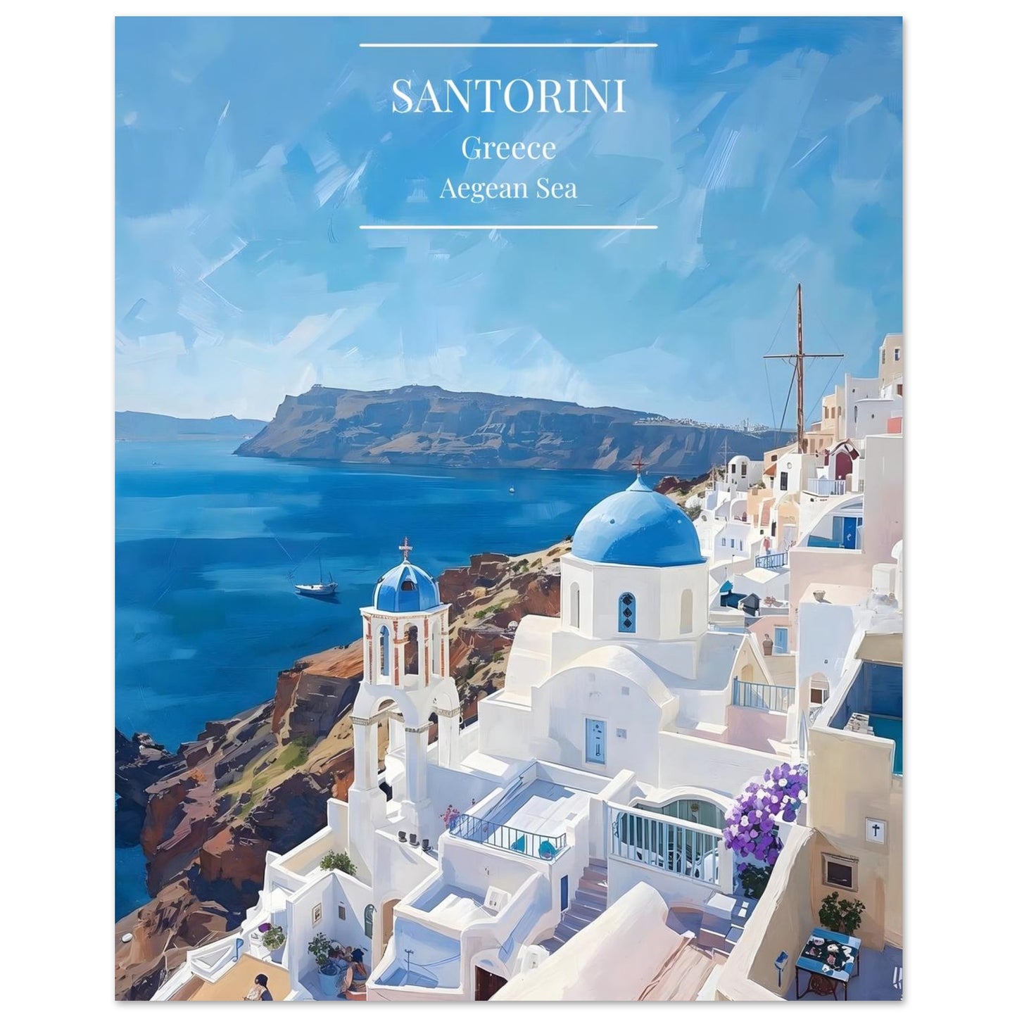 Santorini with blue domes and white buildings overlooking the Aegean Sea