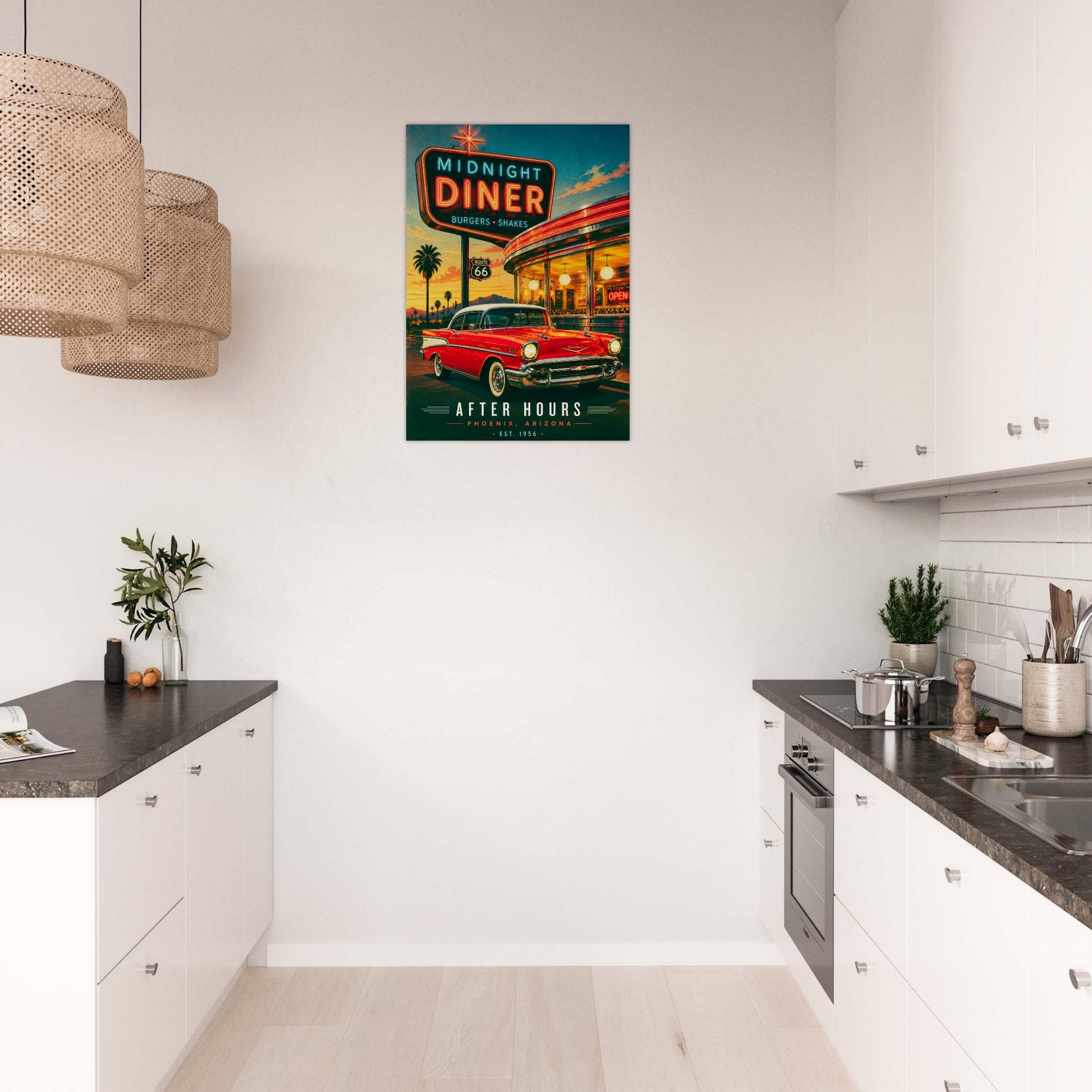 Kitchen with a 'Midnight Diner' poster on the wall