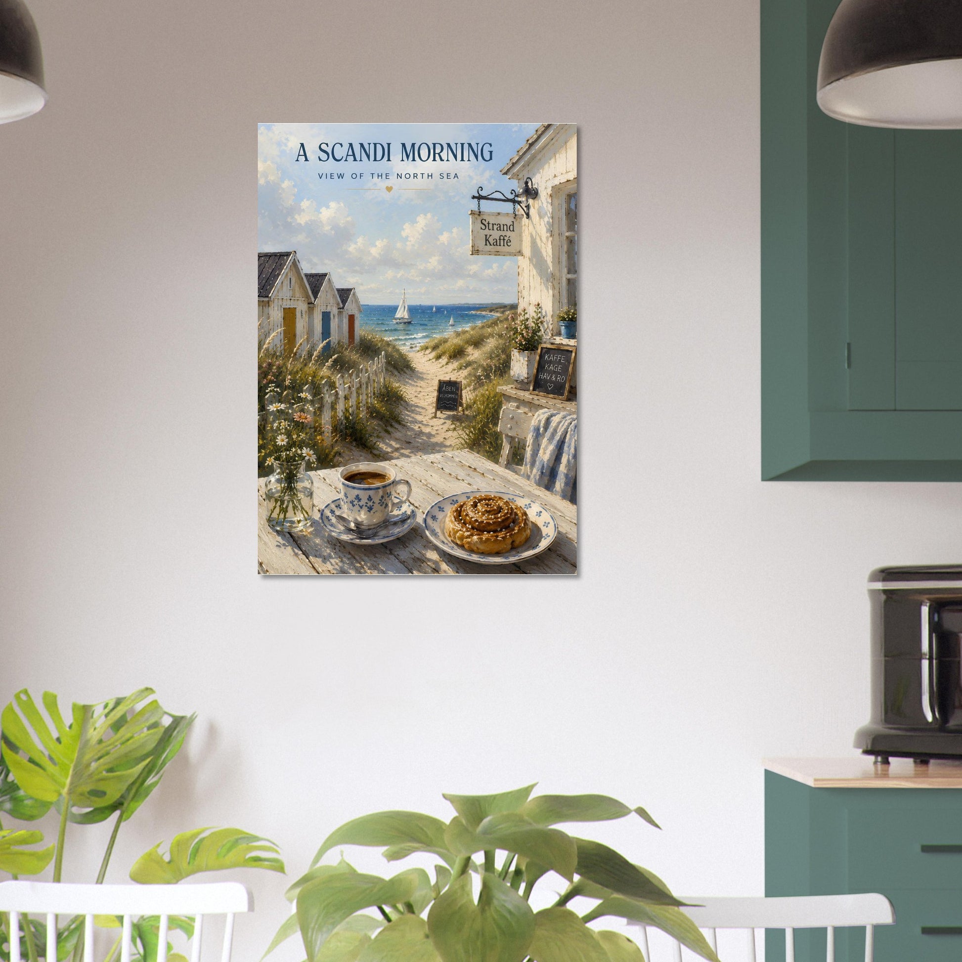 Scandinavian wall art displayed in a modern kitchen with coastal-inspired décor