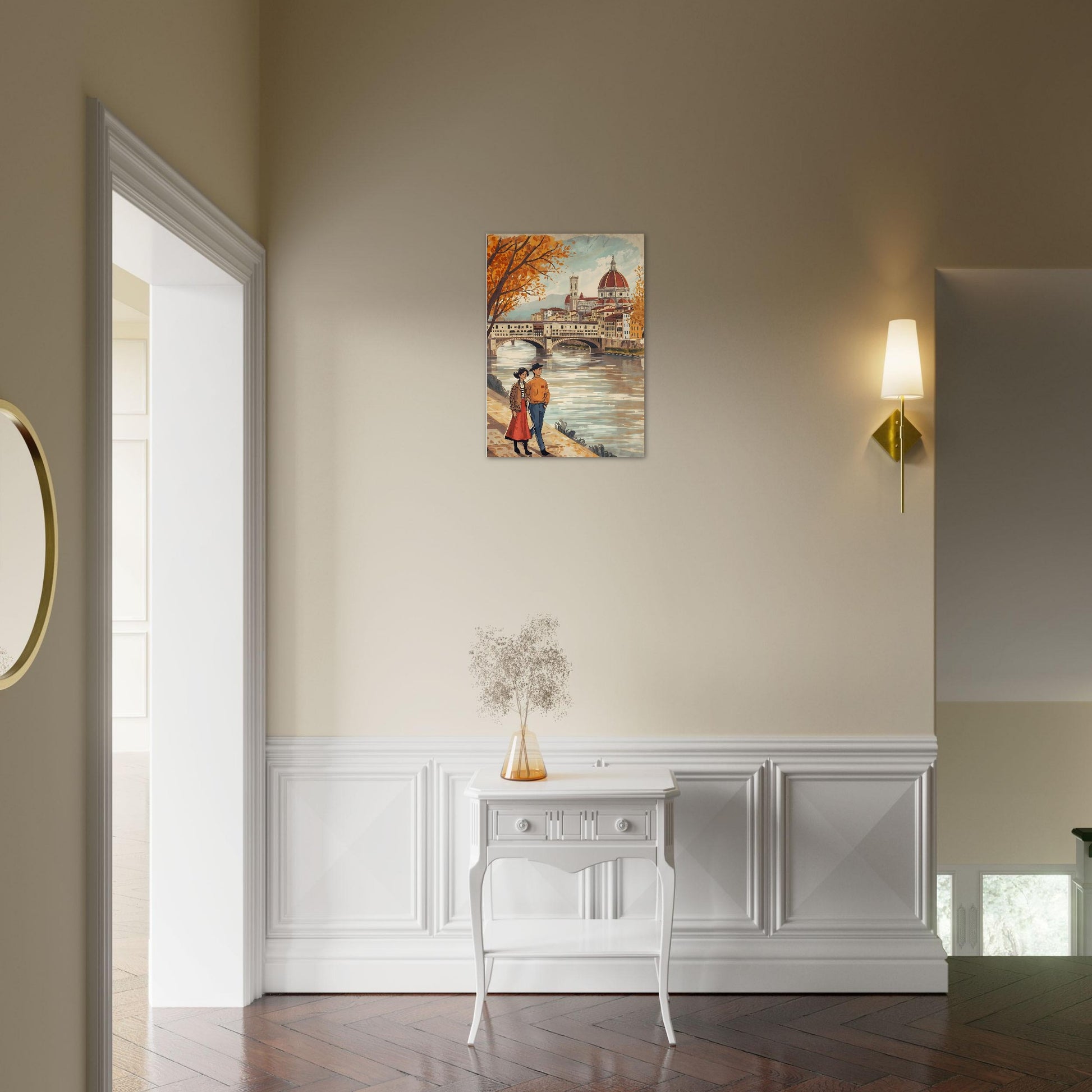 Florence folk art wall print featuring a couple walking beside the Arno River with the Duomo skyline in warm autumn tones