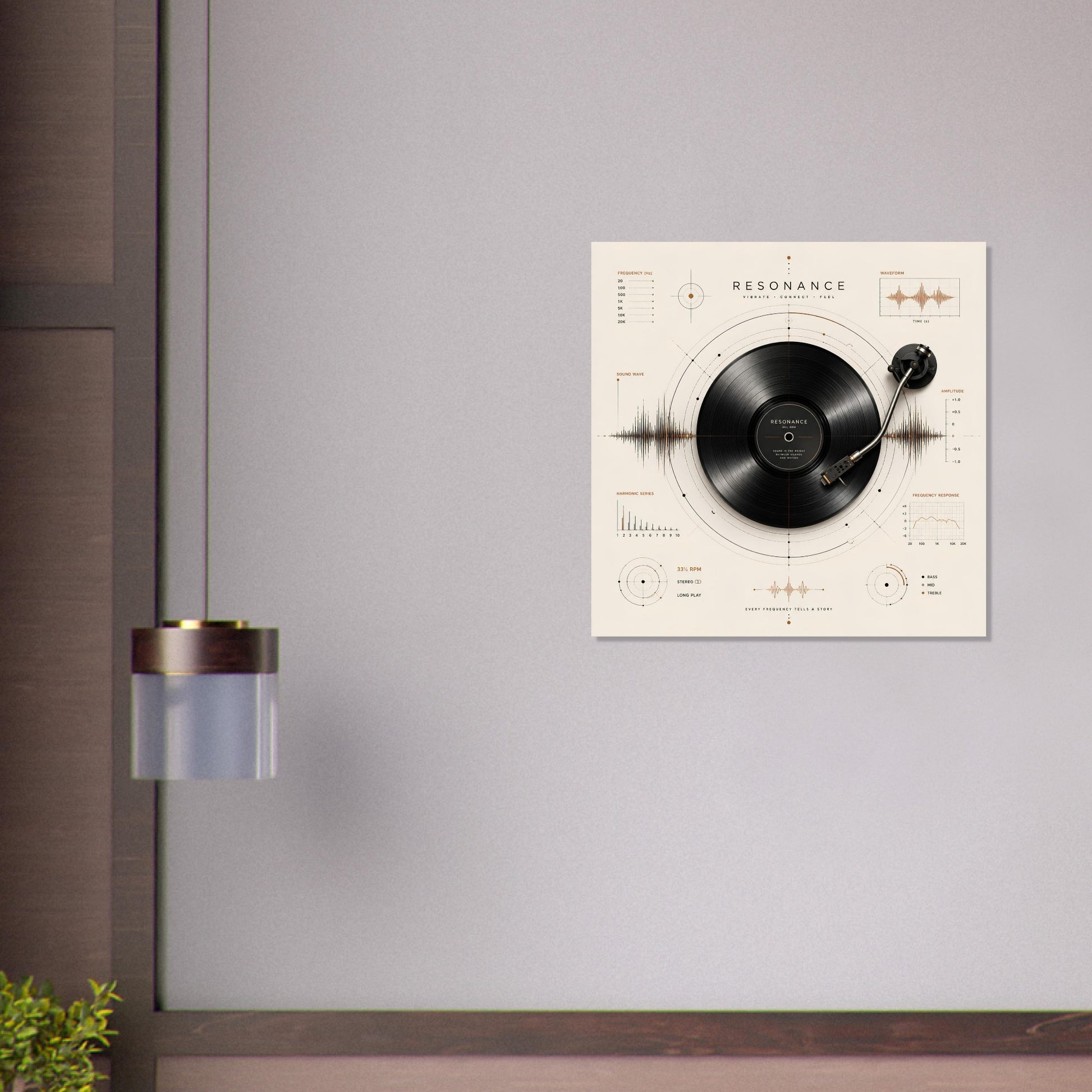 Framed vinyl record wall art displayed on a soft grey wall in a modern living space, featuring geometric sound wave details and copper accents.