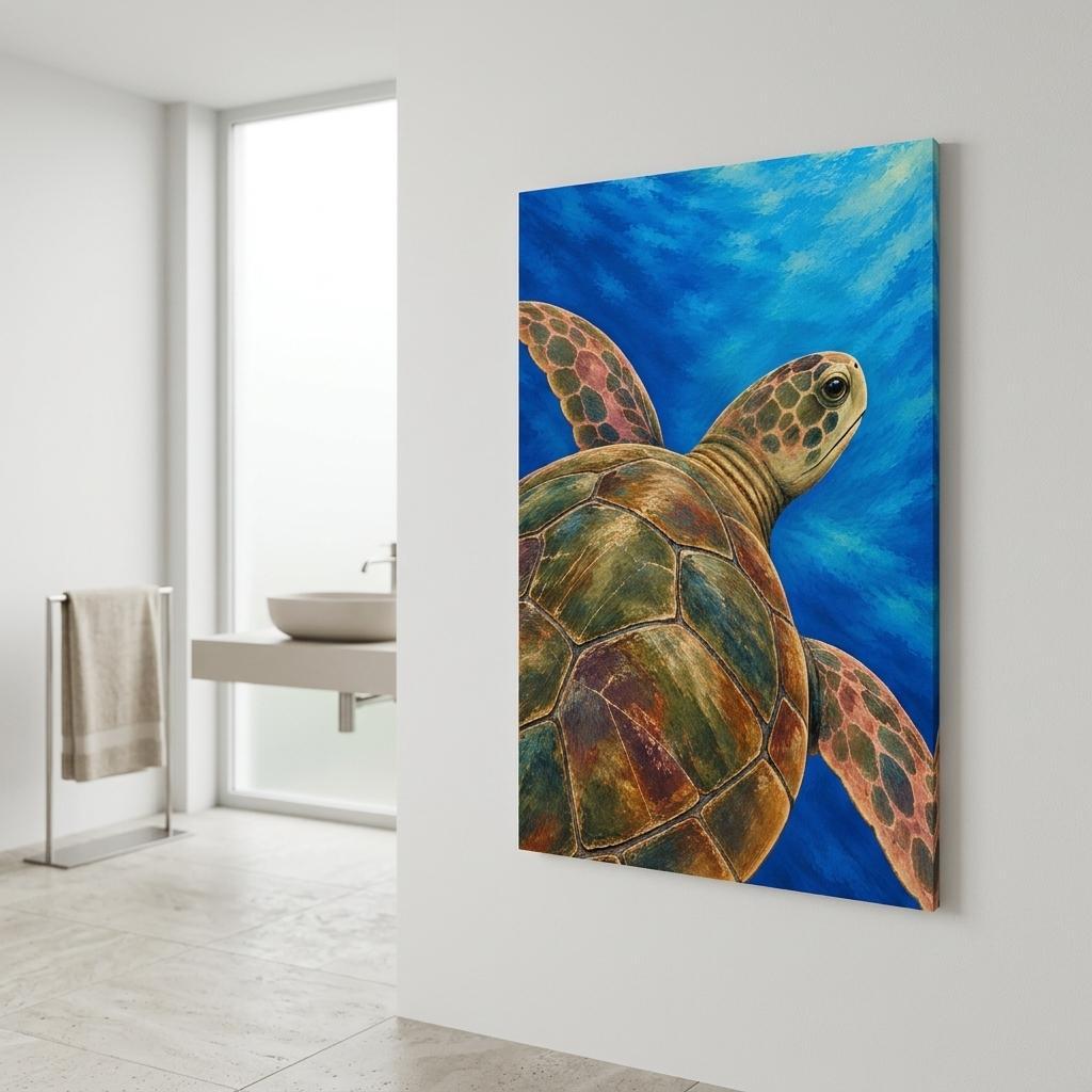A vertical canvas wall art print depicting a sea turtle swimming underwater in vibrant blue tones, displayed on a white wall in a modern, bright bathroom setting.