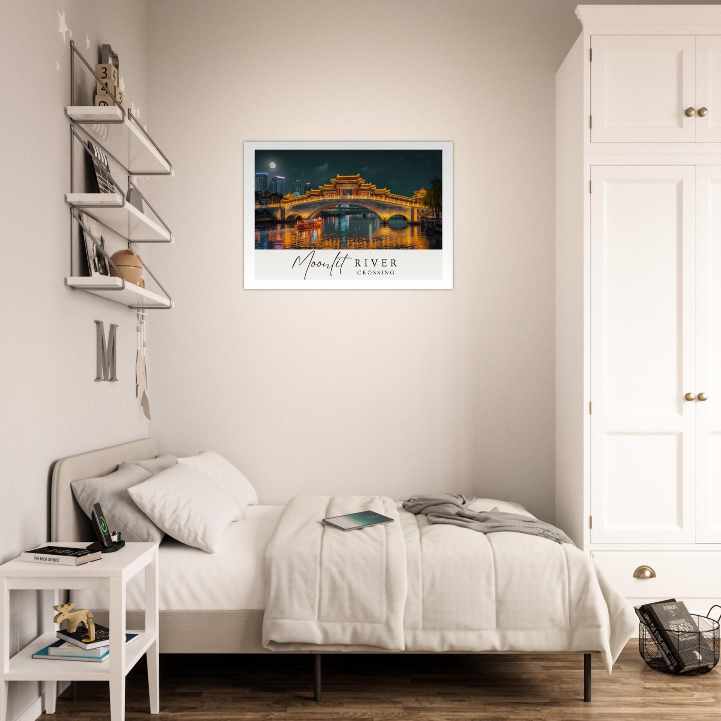 Moonlit River Crossing Poster | Illuminated Bridge Night Scene | Modern Landscape Wall Art Print