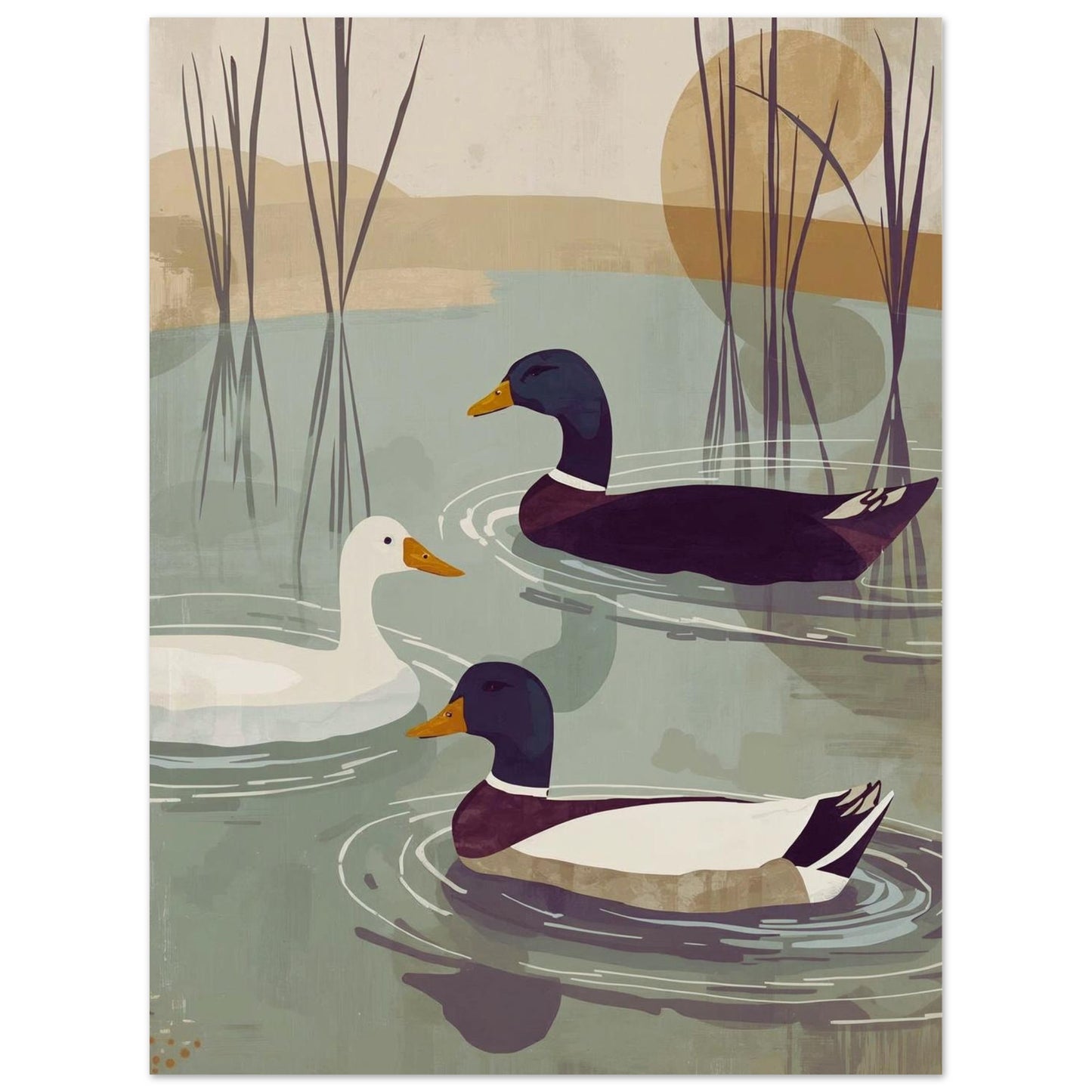 Illustration poster of three ducks swimming in a pond with reeds and a sunset in the background.