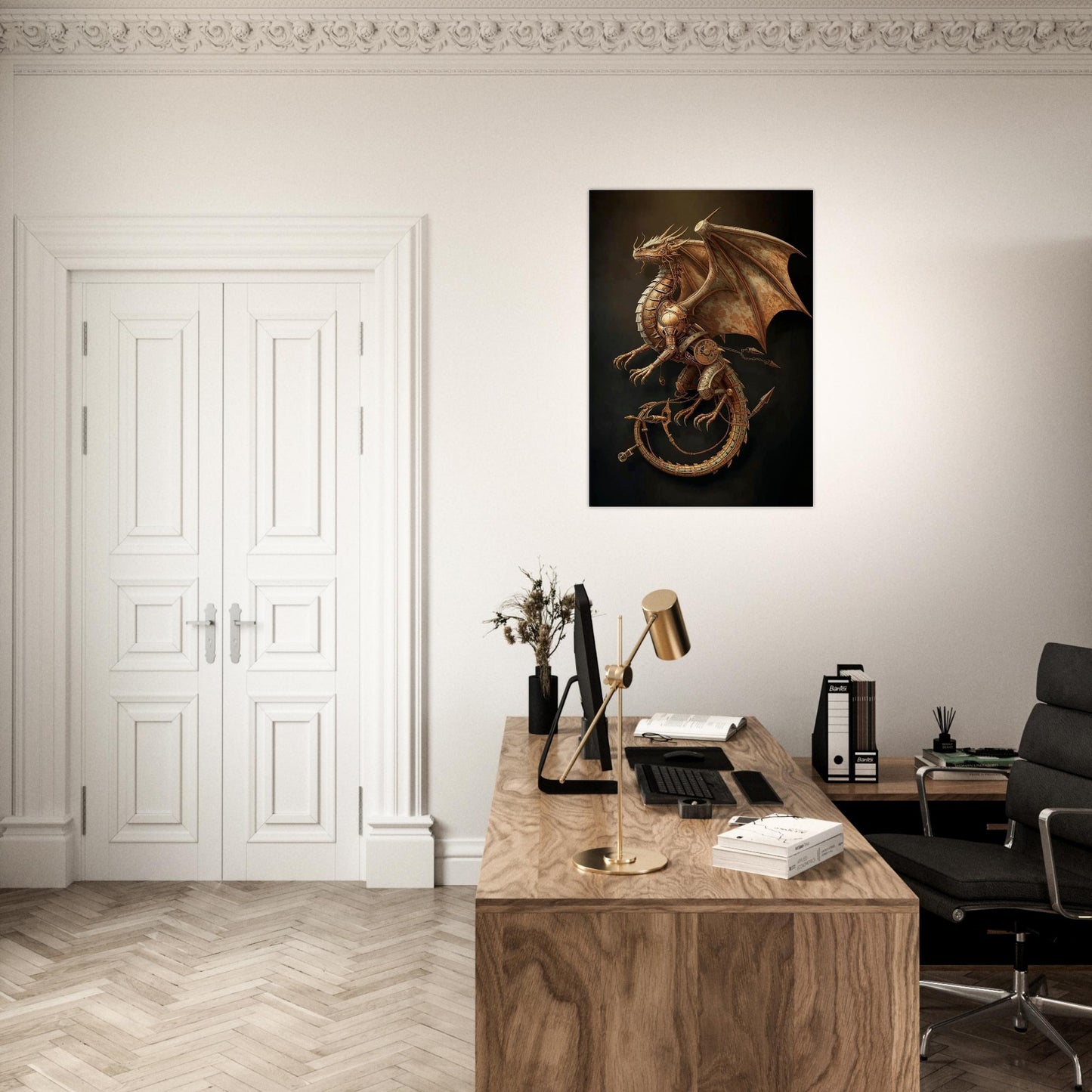 Modern office interior with a wooden desk, chair, and decorative dragon artwork on the wall.