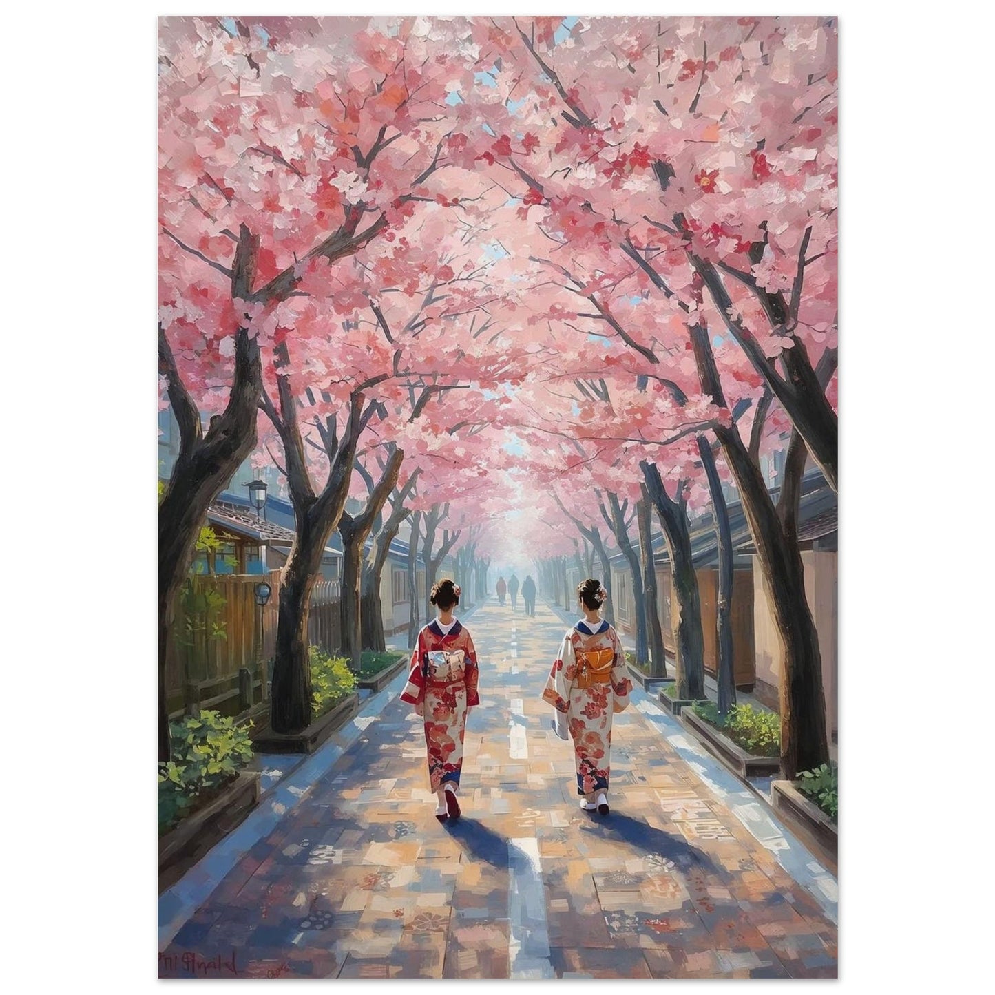 Poster of Two women in traditional Japanese kimono walking under cherry blossom trees.
