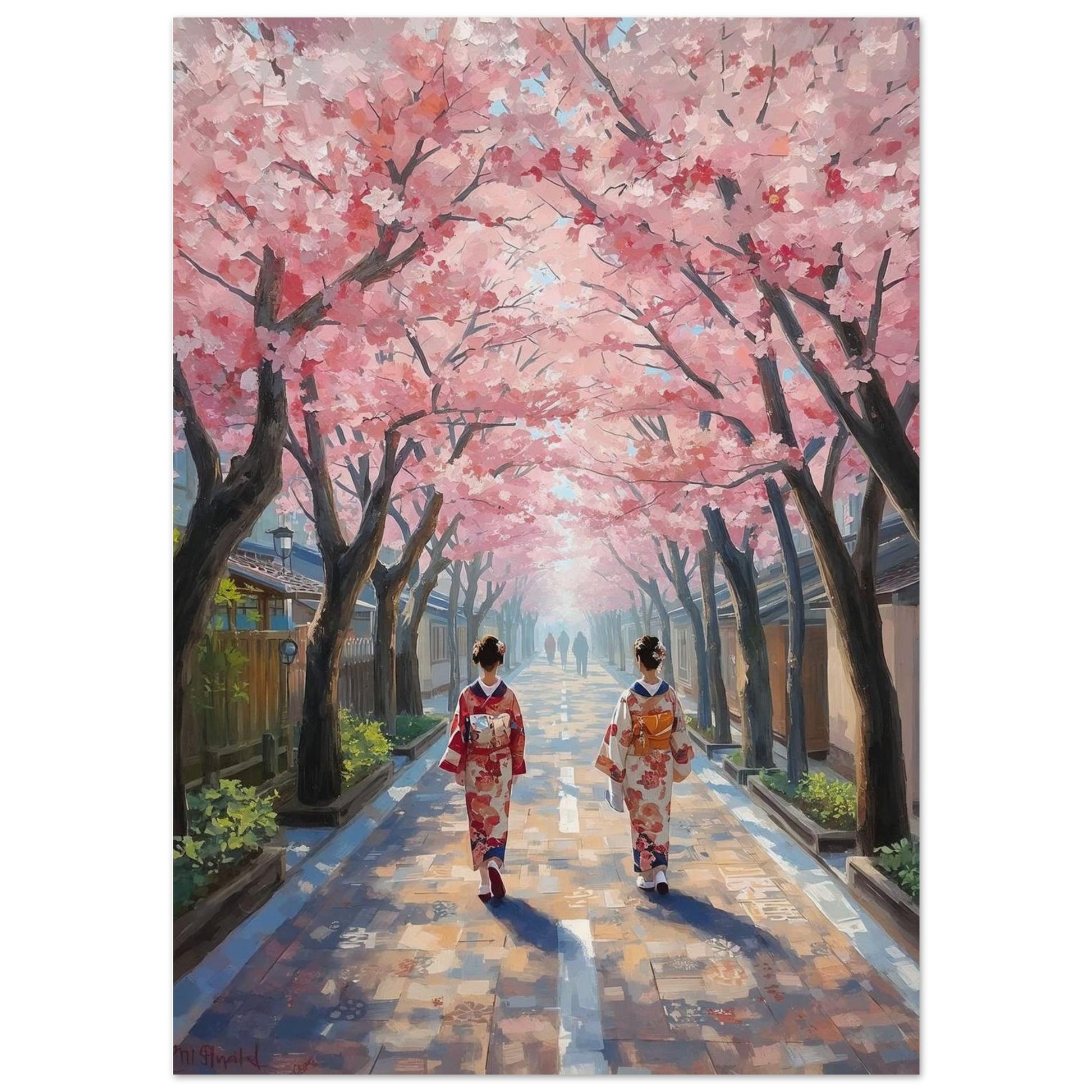 Poster of Two women in traditional Japanese kimono walking under cherry blossom trees.