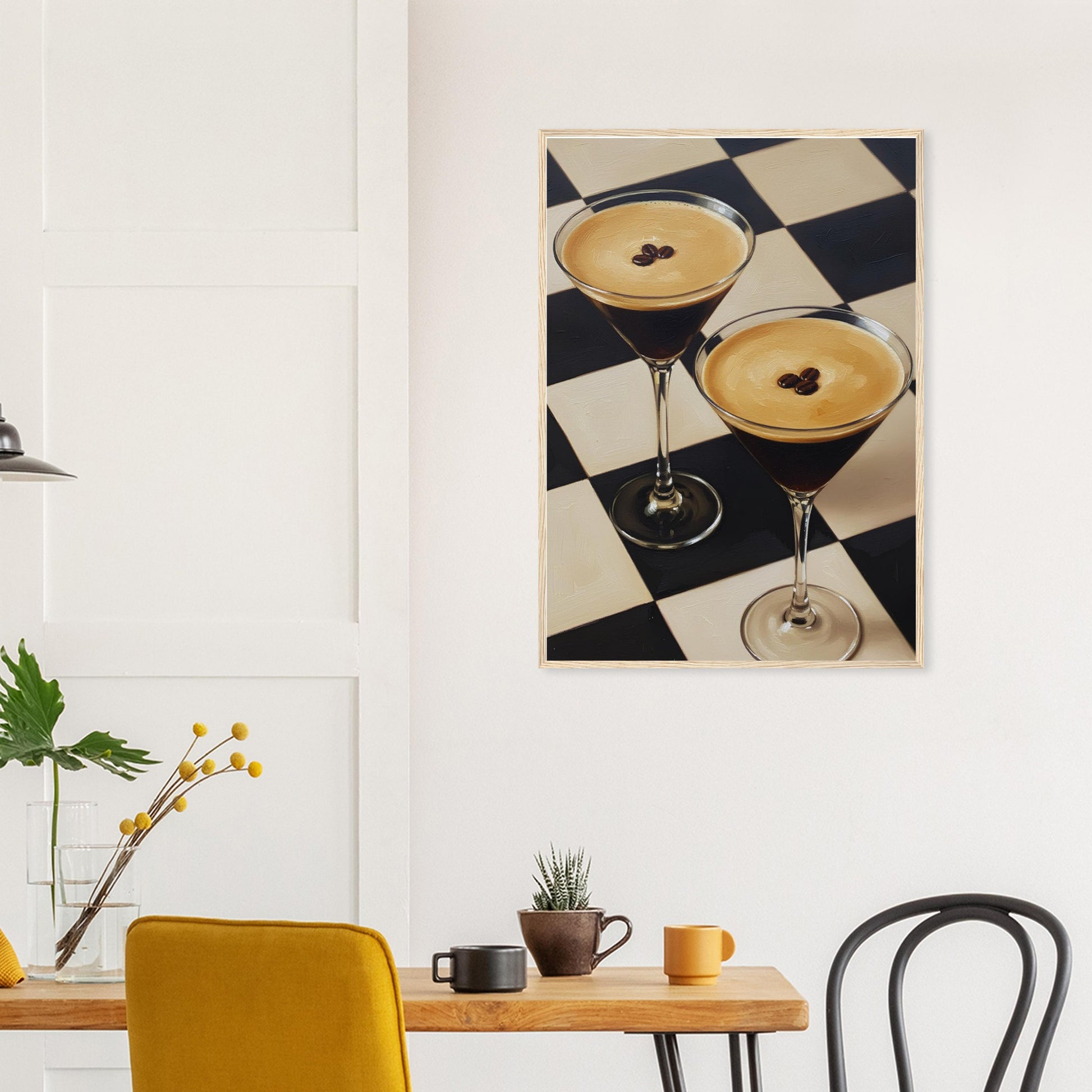 Espresso Martini framed wall art displayed in a bright dining area with contemporary furniture and natural light.