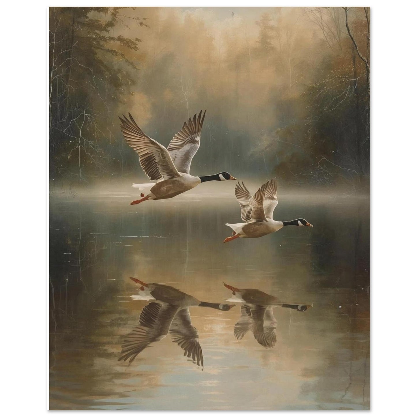 Poster of Two geese flying over a reflective lake with a misty forest background