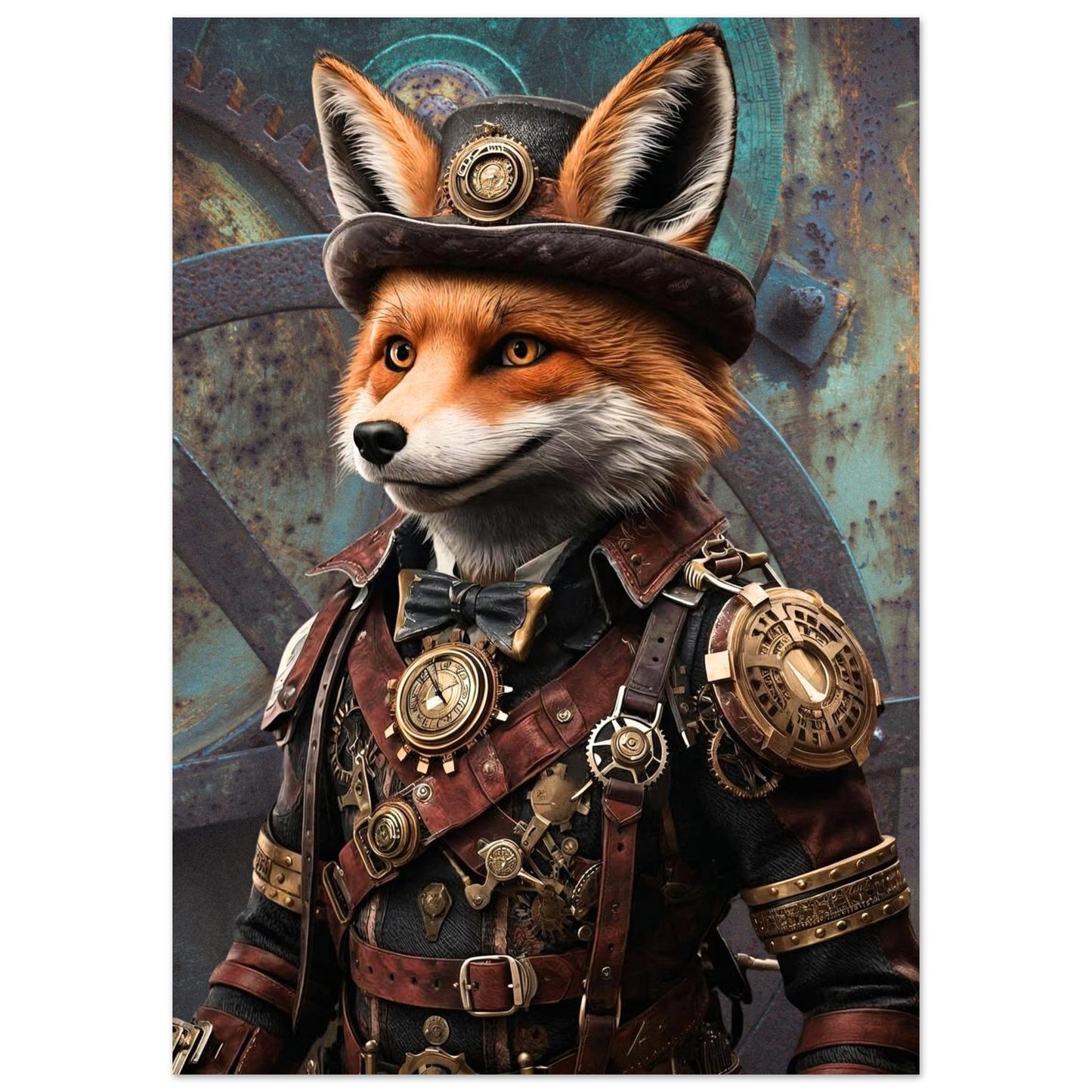 Steampunk fox character with goggles and intricate clothing against a mechanical background