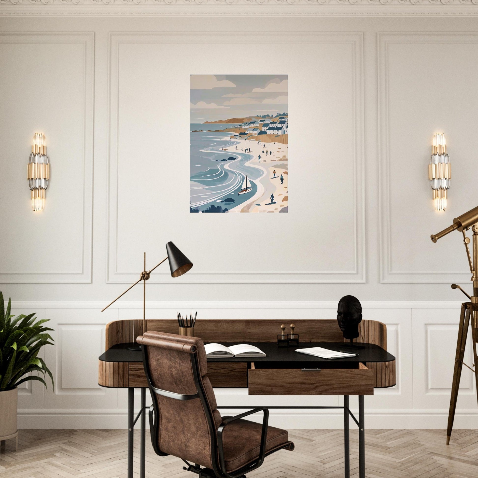 Modern seaside wall art print featuring flowing waves displayed above a home office desk