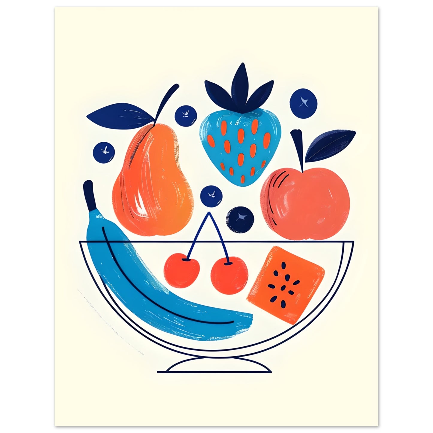 Illustration of a bowl with fruits on a light yellow background