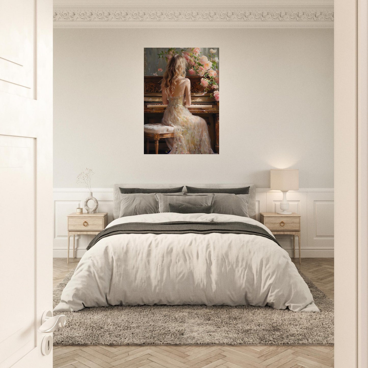 Romantic Piano Poster – Vintage Art Print of Woman with Flowers