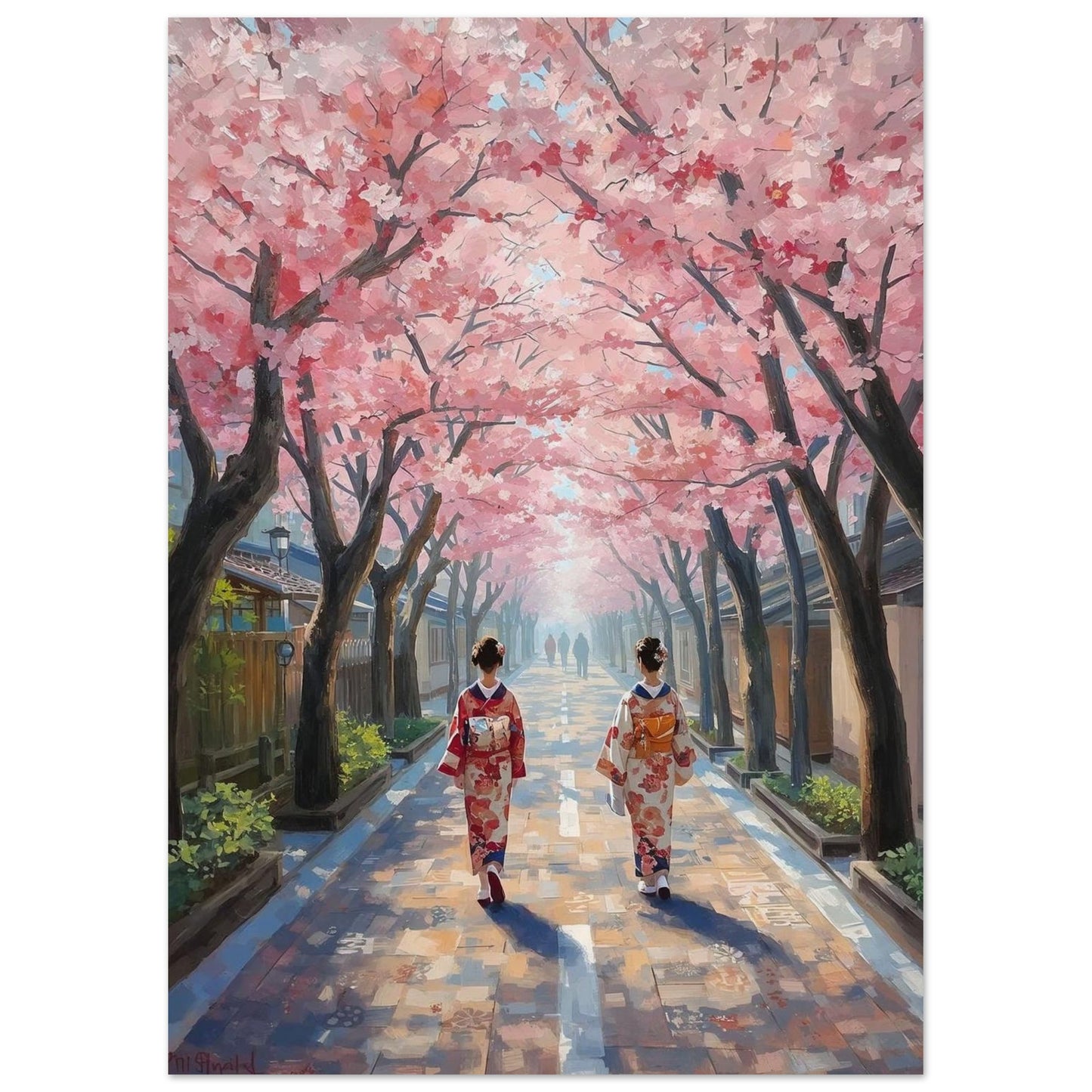 Poster of Two women in traditional Japanese kimono walking under cherry blossom trees.