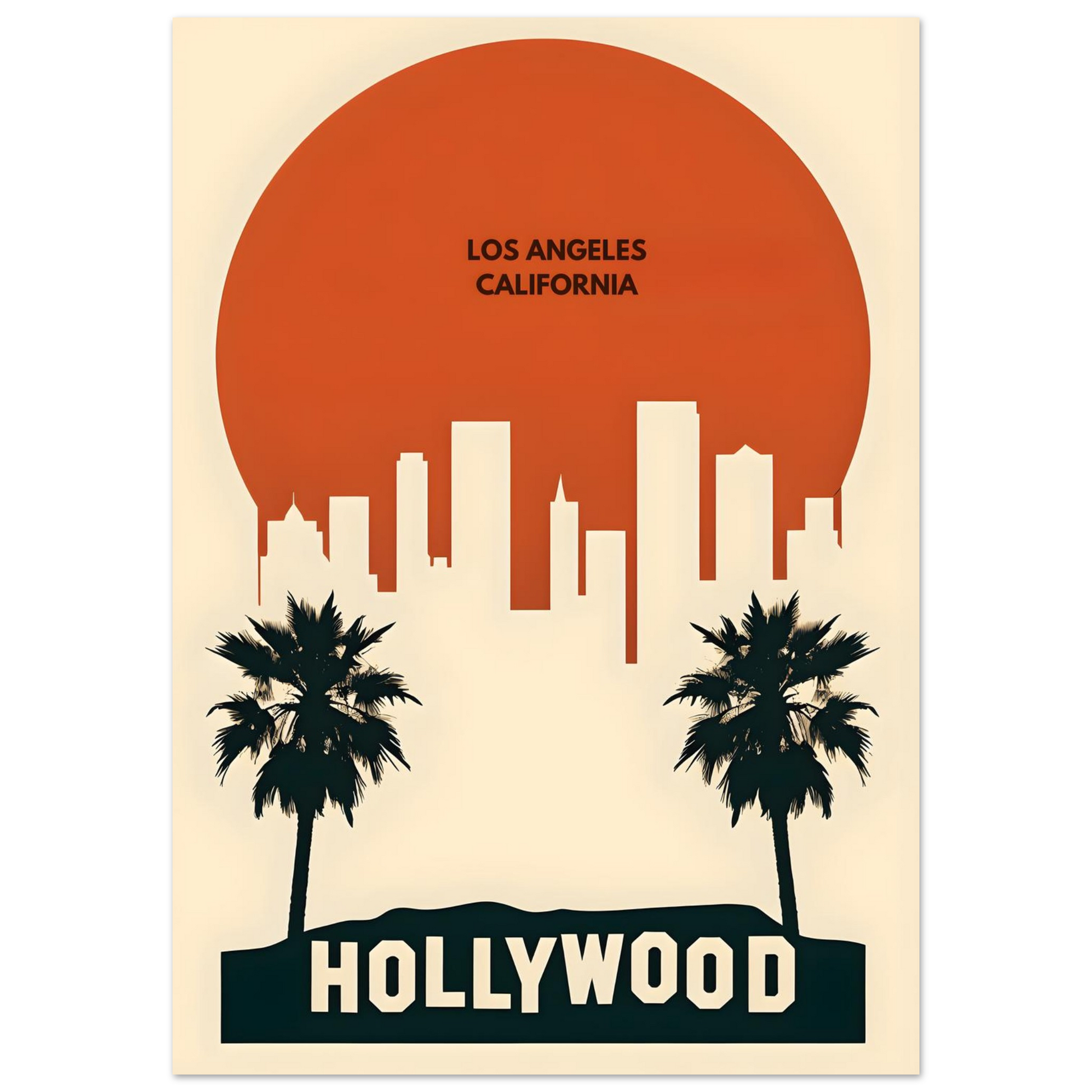 Poster of Los Angeles with skyline, palm trees, and 'Hollywood' text.