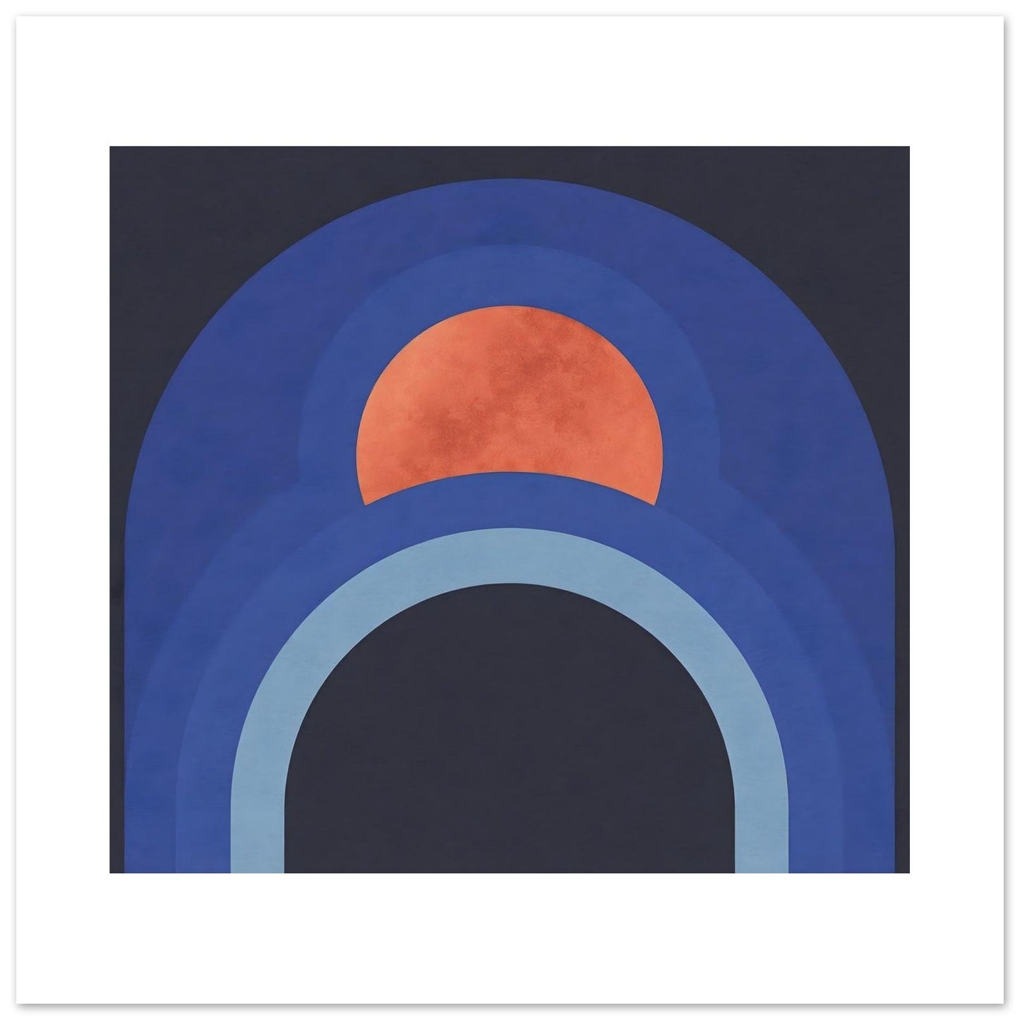 Close-up of modern abstract arch wall art with warm terracotta sun detail